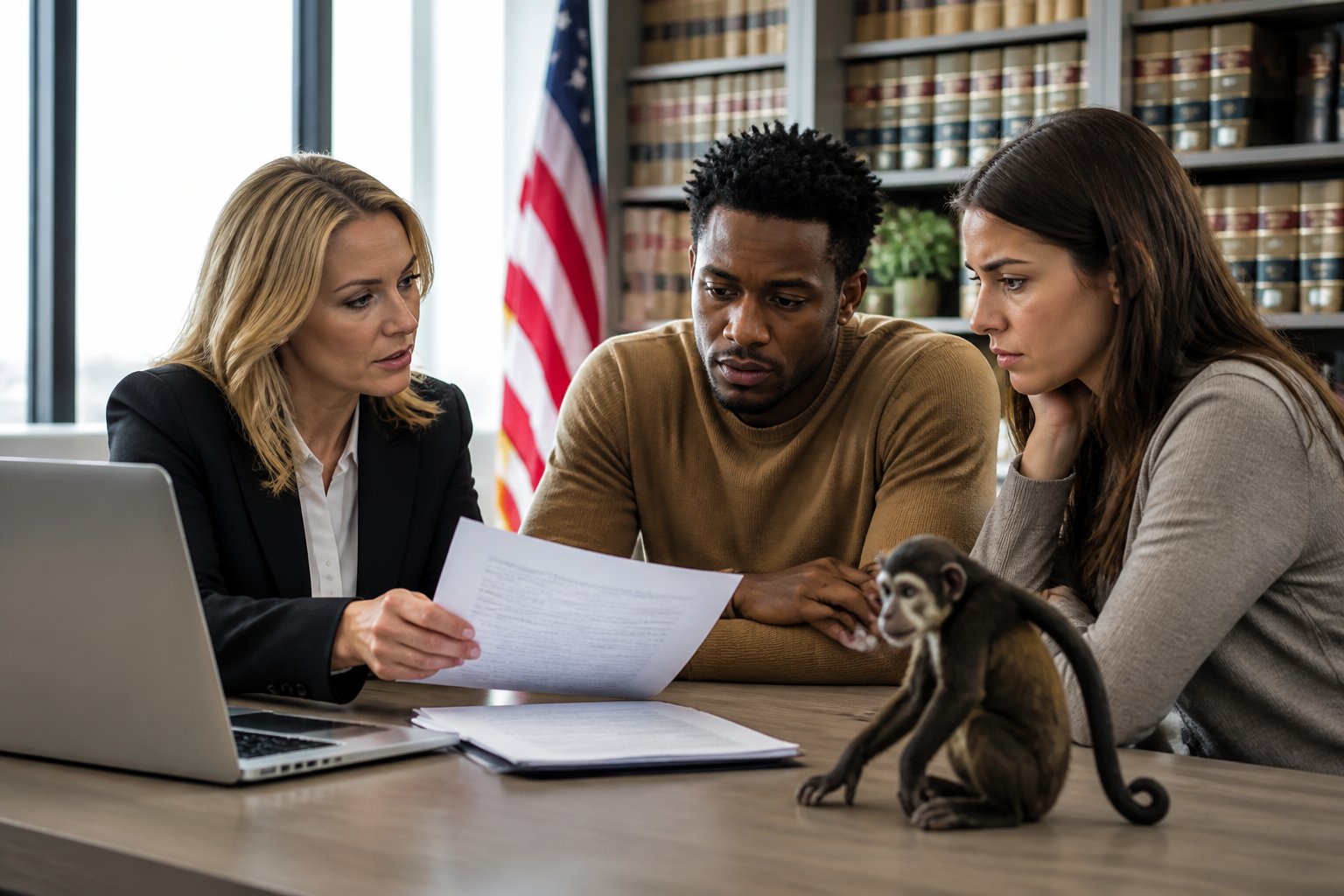 A lawyer discussing legal documents with a client at a desk, with a small spider monkey figurine on the table in an office setting.