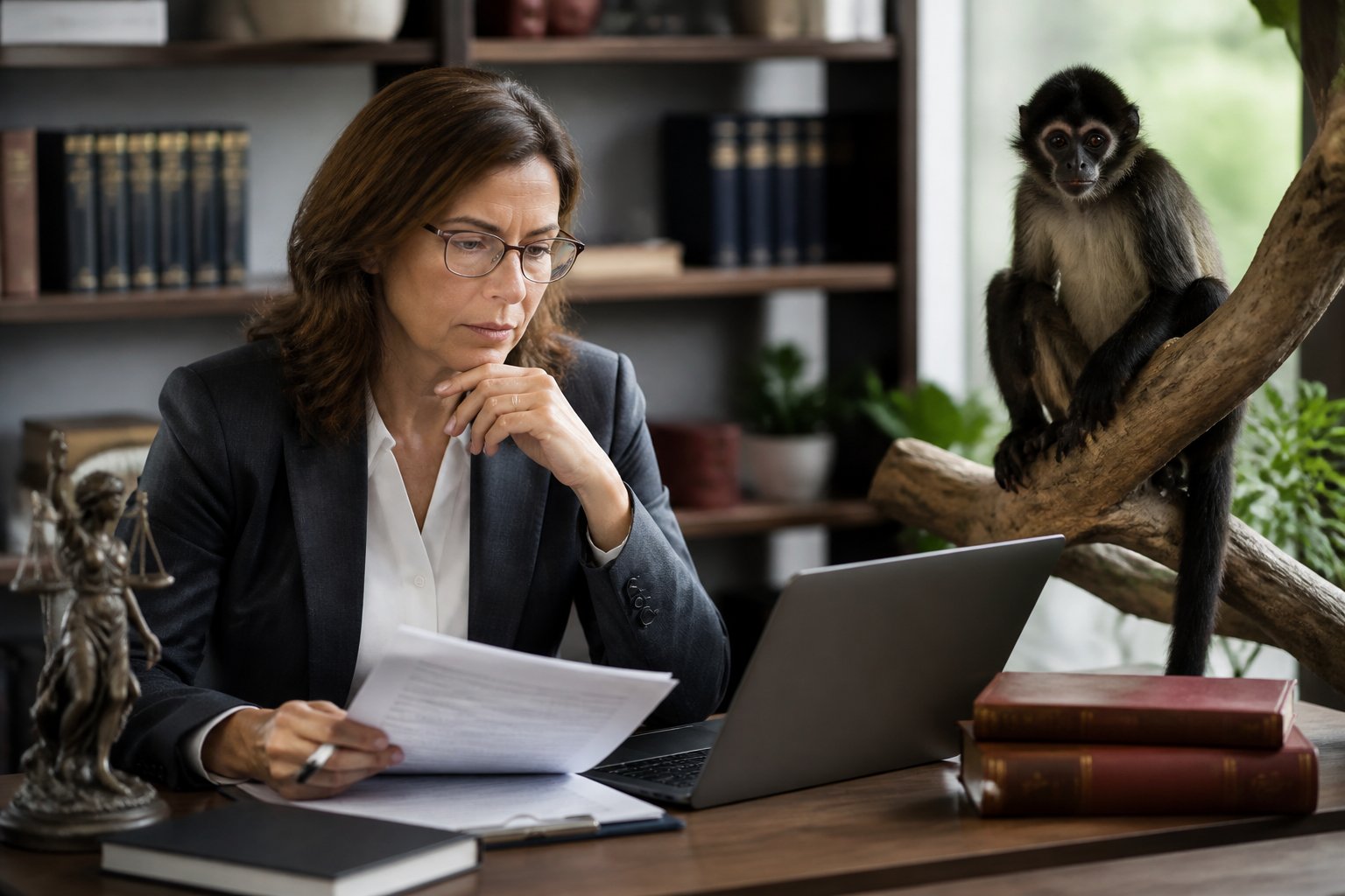 A person sitting at a desk reviewing documents with a spider monkey nearby on a branch in a modern office setting.