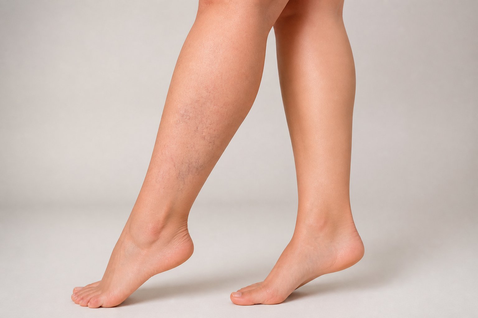 Close-up of a woman's legs showing visible spider veins on one leg and clear skin on the other.