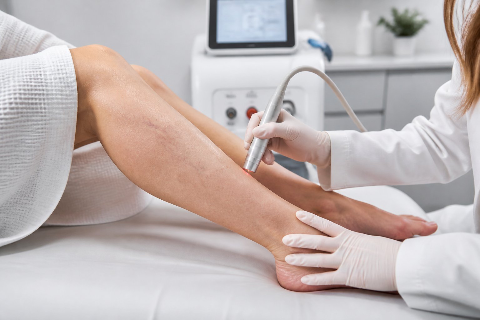 A healthcare professional examining a patient's legs with visible spider veins in a modern medical clinic.