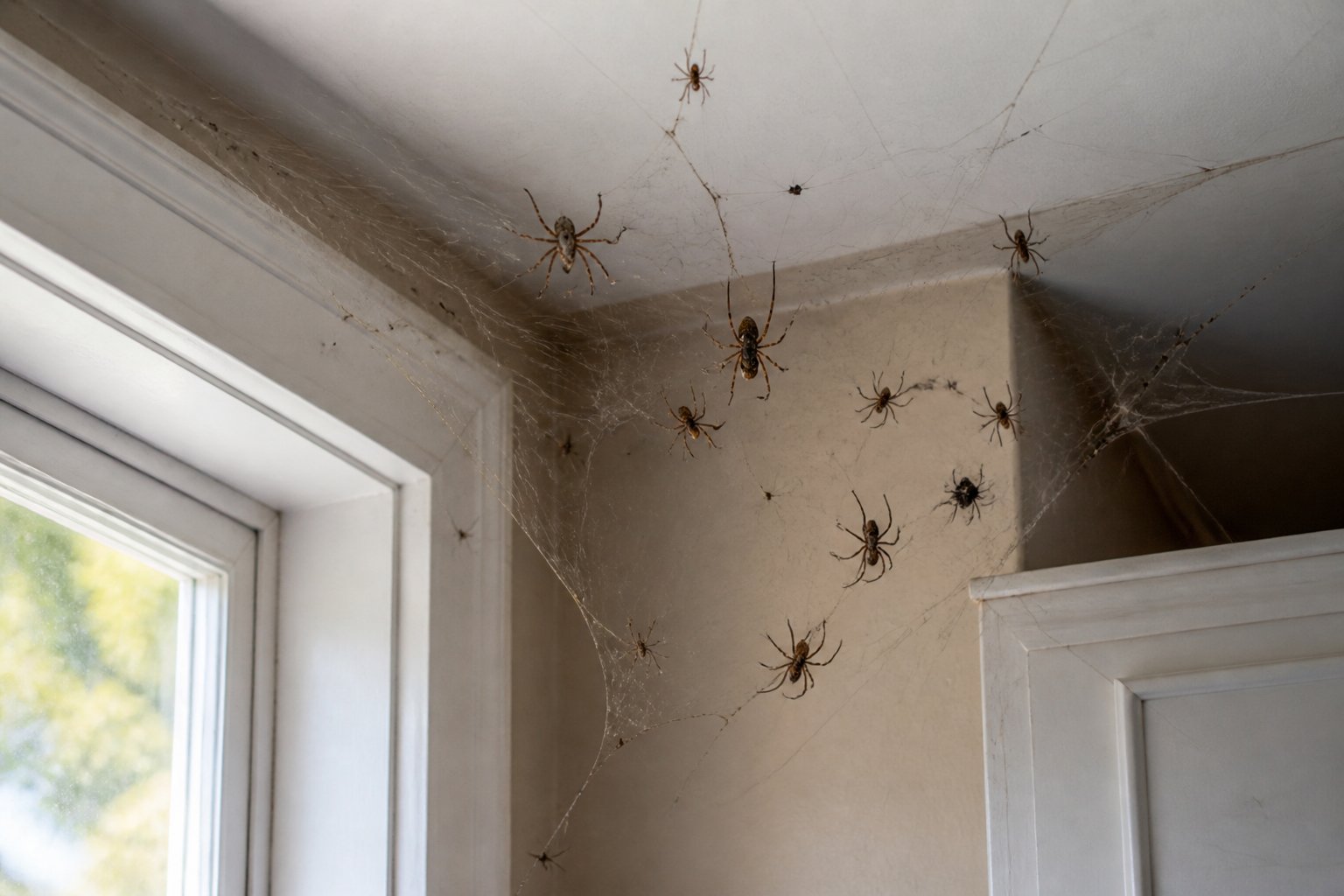 Close-up of a corner inside a home showing multiple spiders on webs stretched across the ceiling and walls.