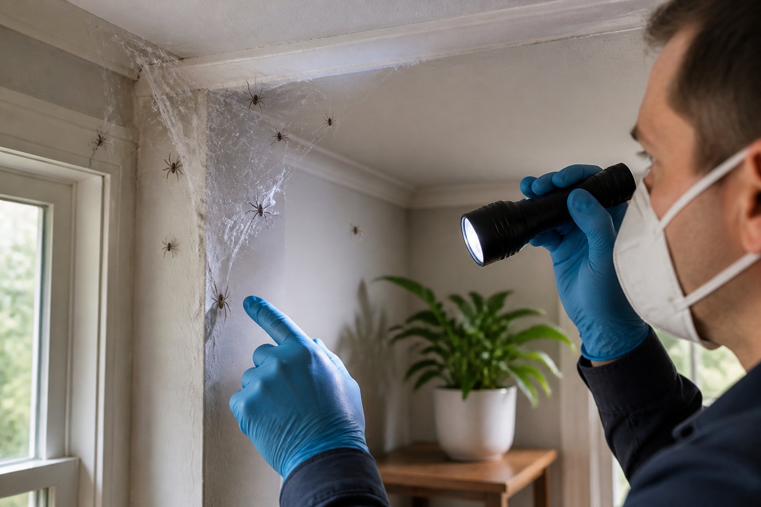 A person inspecting spider webs and small spiders in the corner of a room indoors.