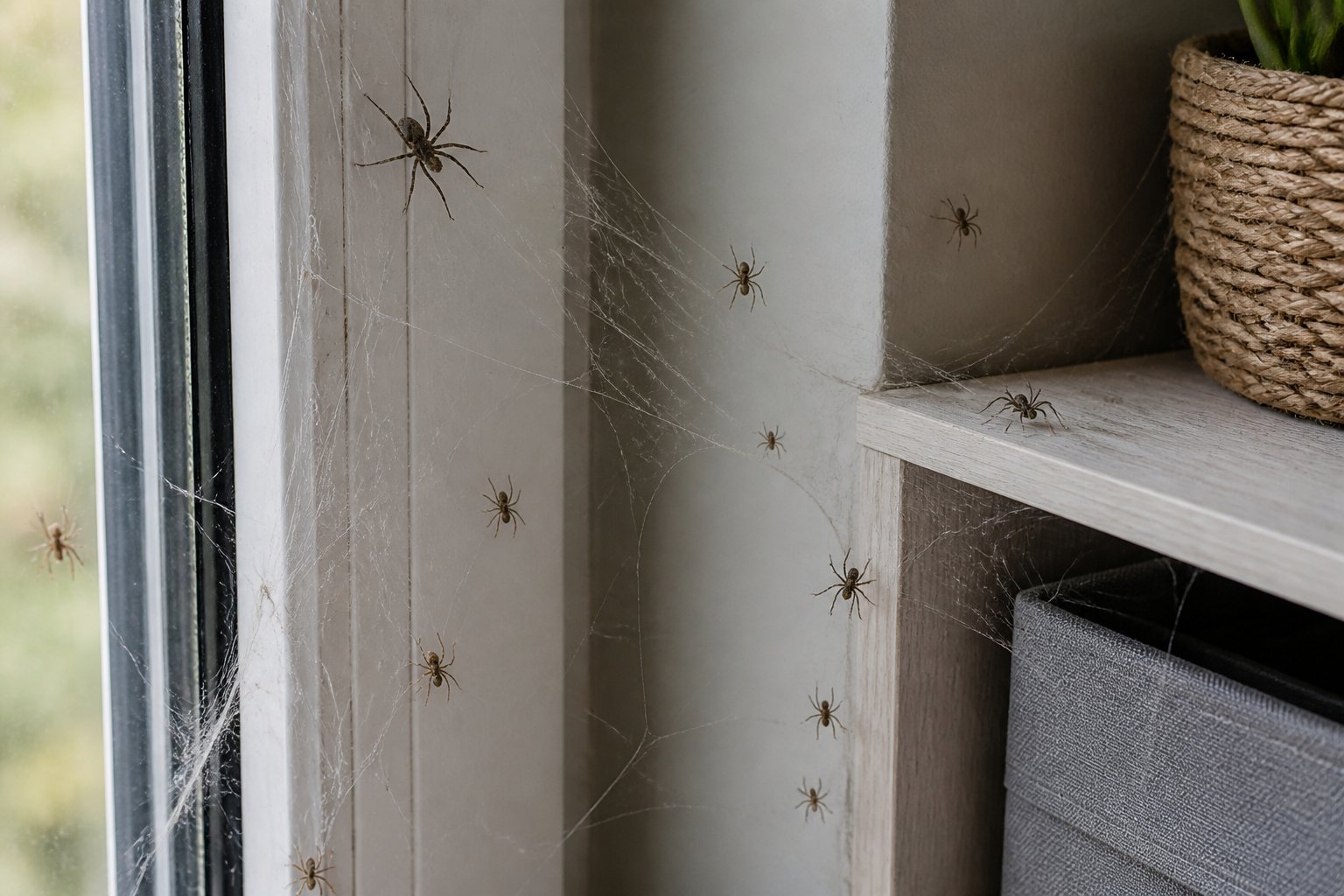 Close-up of a corner inside a home showing multiple spider webs and several spiders on walls and furniture.