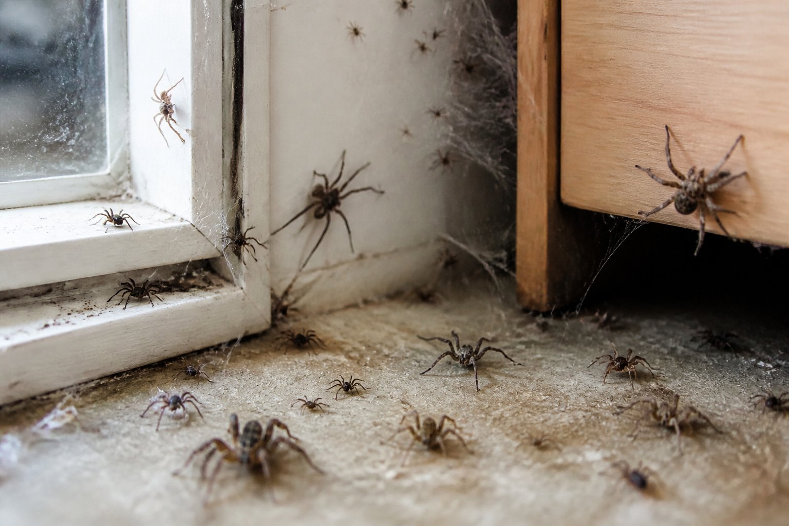 Close-up view of several spiders in different indoor corners and spaces, illustrating a spider infestation.