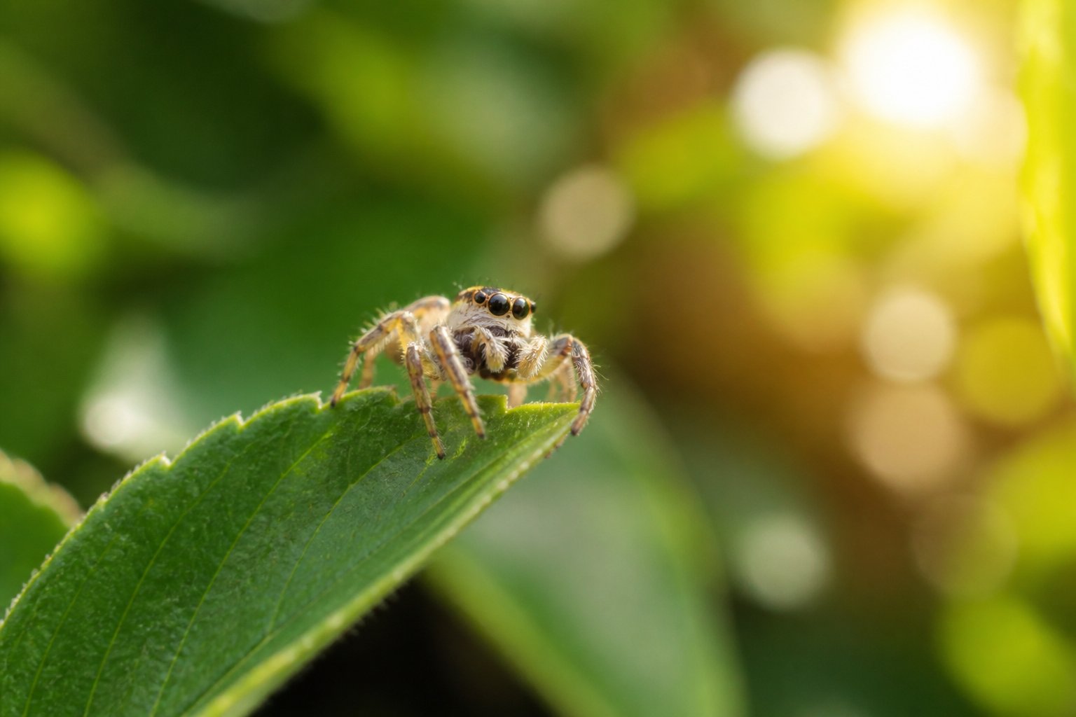 A small spider sitting calmly on the edge of a green leaf outdoors with sunlight and blurred plants in the background.