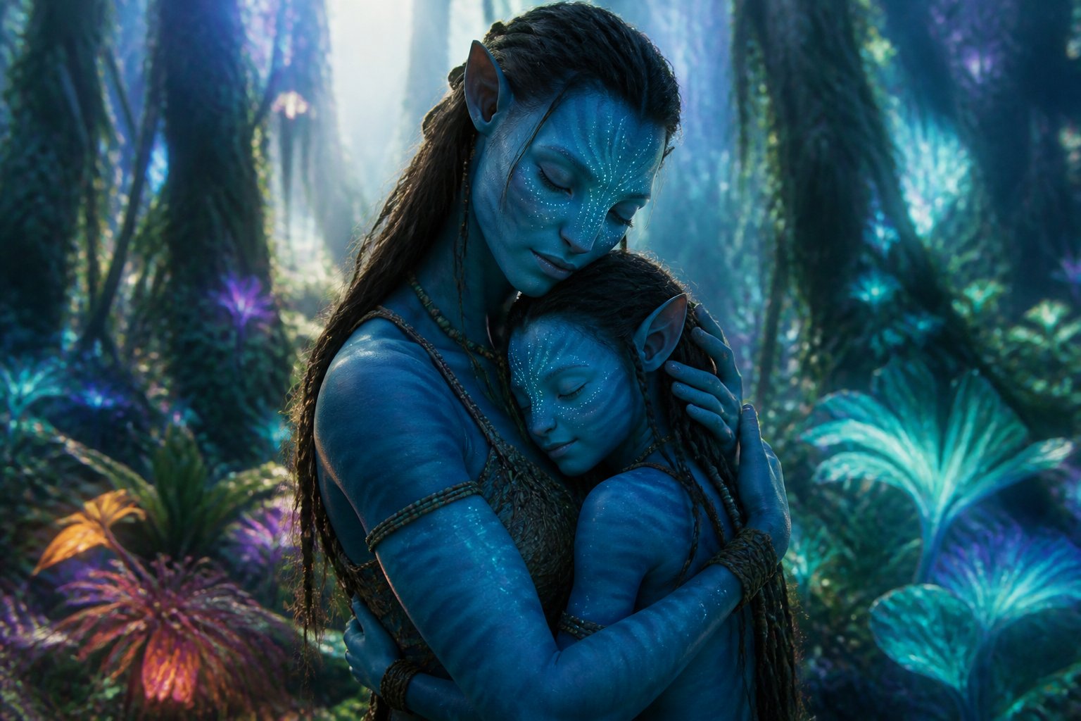 A blue-skinned female alien gently embracing a smaller figure in a glowing forest.