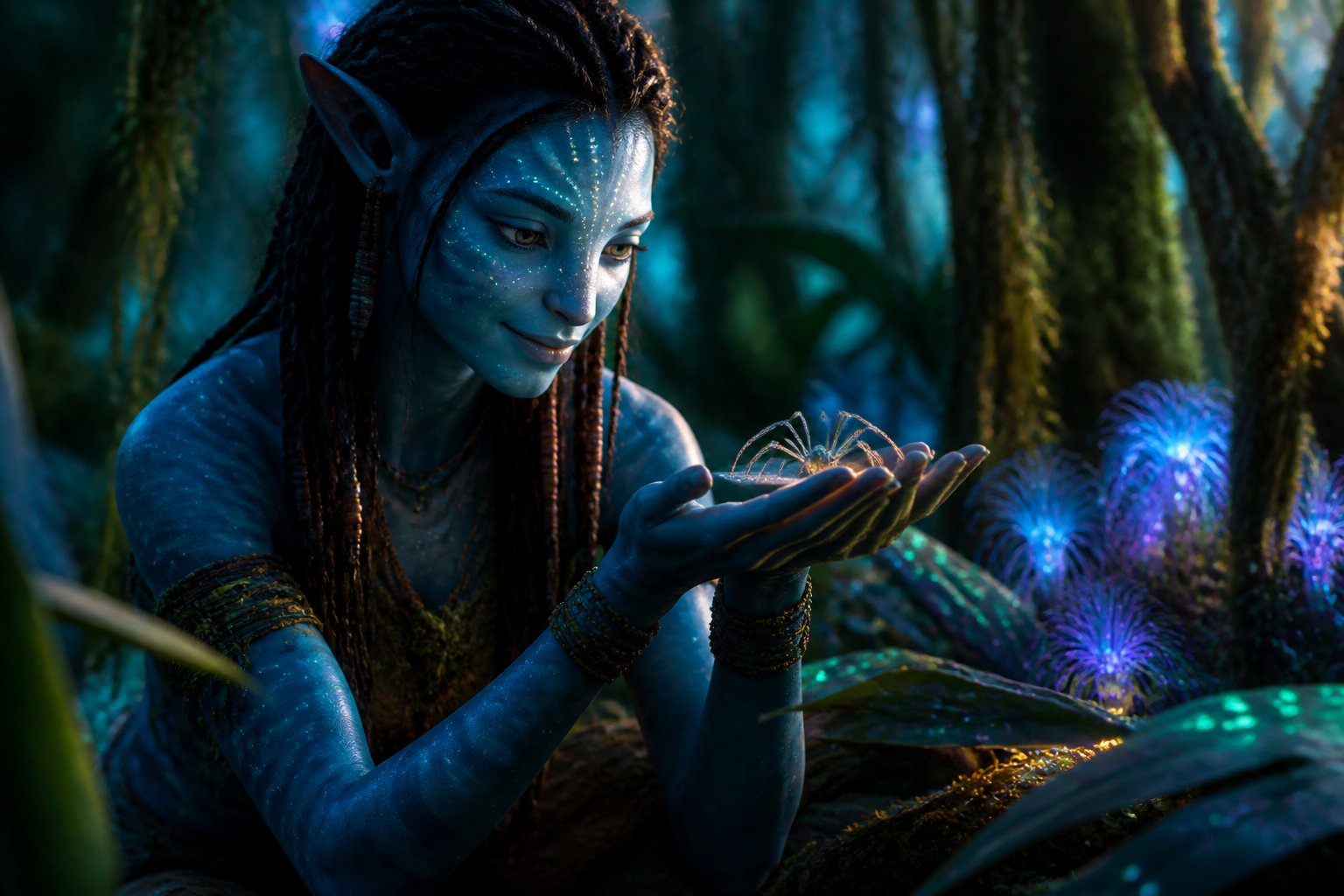 A woman gently holding a small spider in a glowing forest with tall trees and plants.