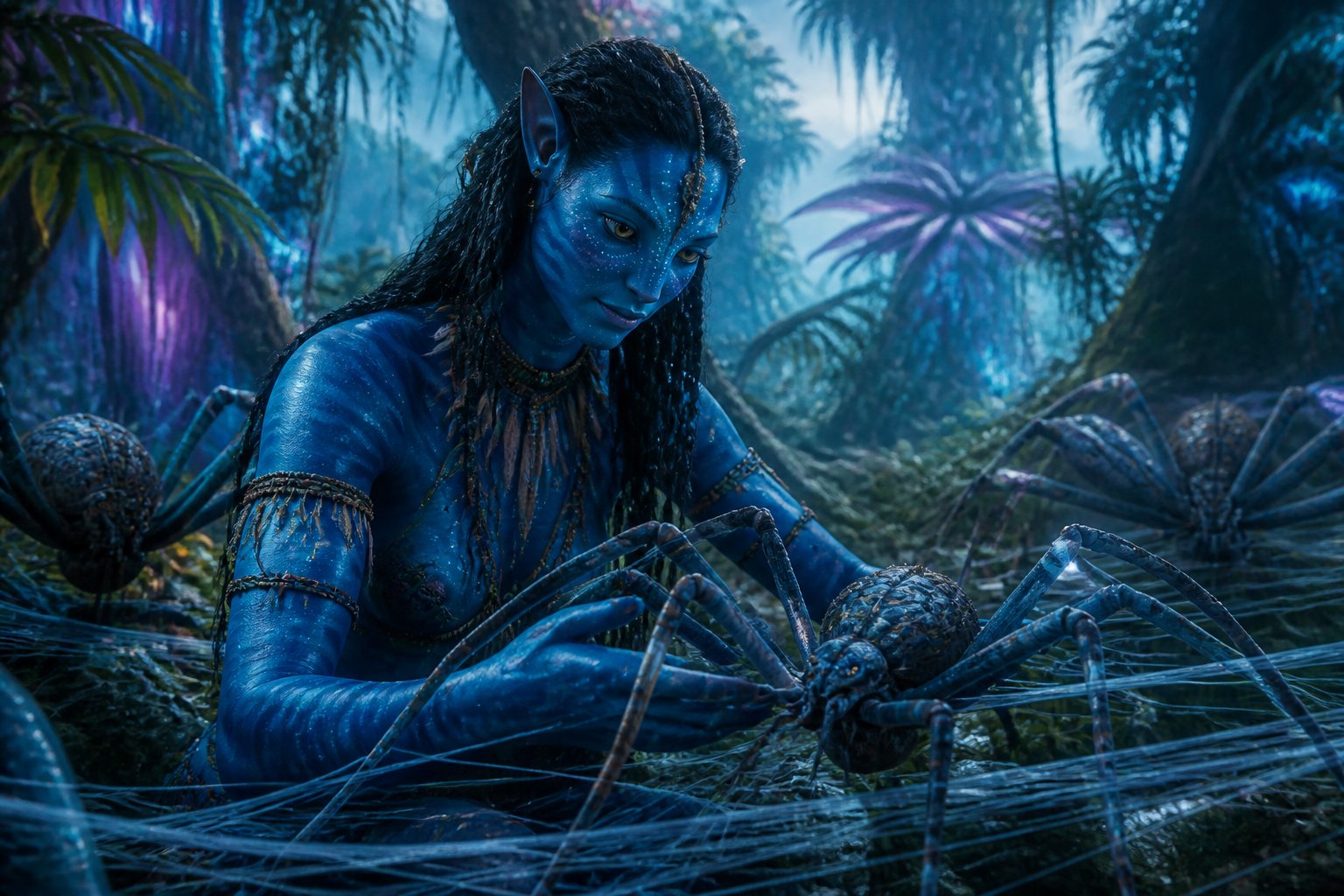 A blue-skinned woman in tribal clothing stands protectively among large spider-like creatures in a glowing alien jungle.