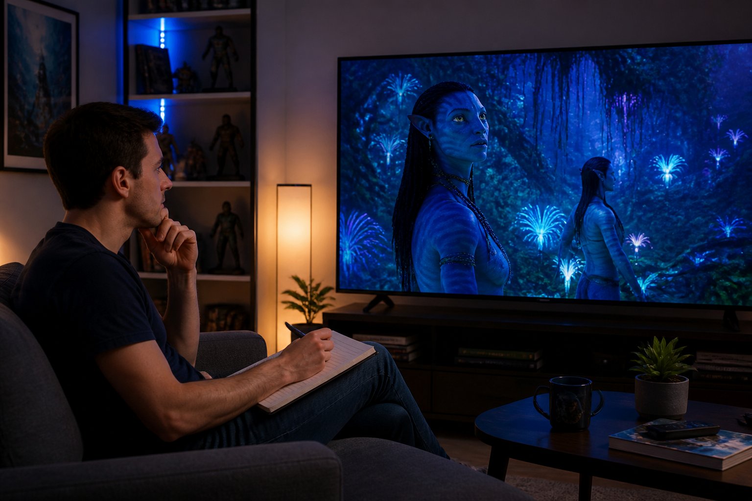 A person watching a scene from the movie Avatar on a TV in a cozy living room, looking thoughtful.