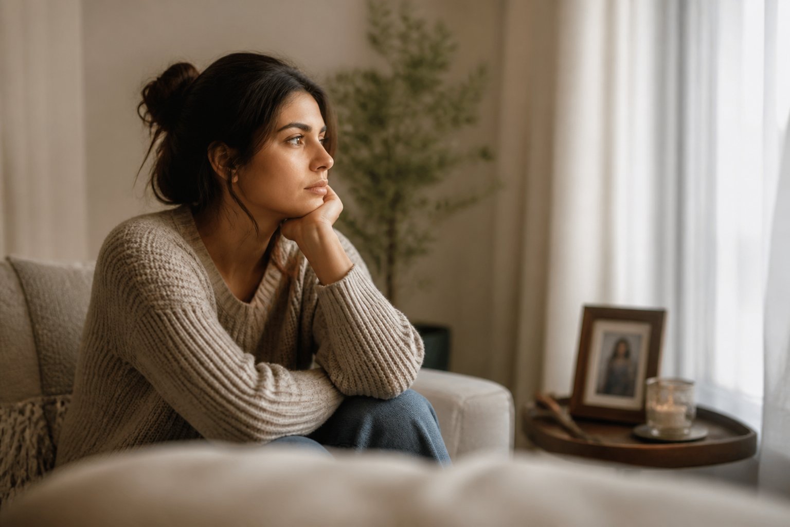 A young woman sitting alone in a living room, looking thoughtfully out a window.