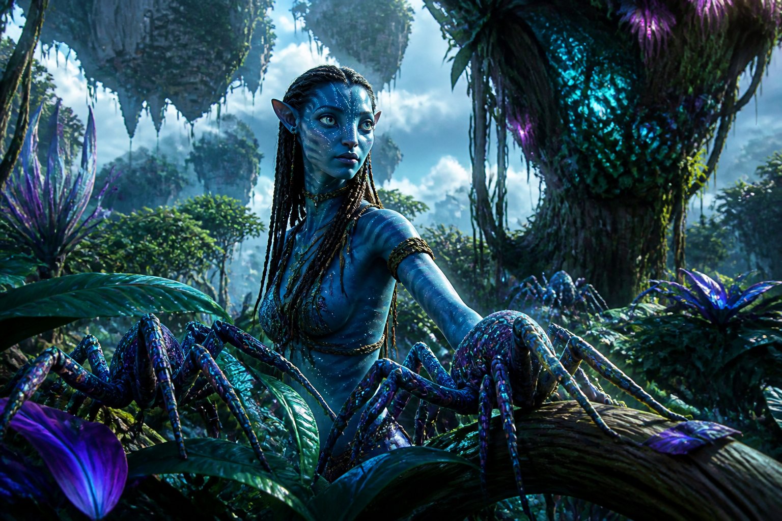 A humanoid female figure stands protectively in a lush alien jungle surrounded by large spider-like creatures and glowing plants.