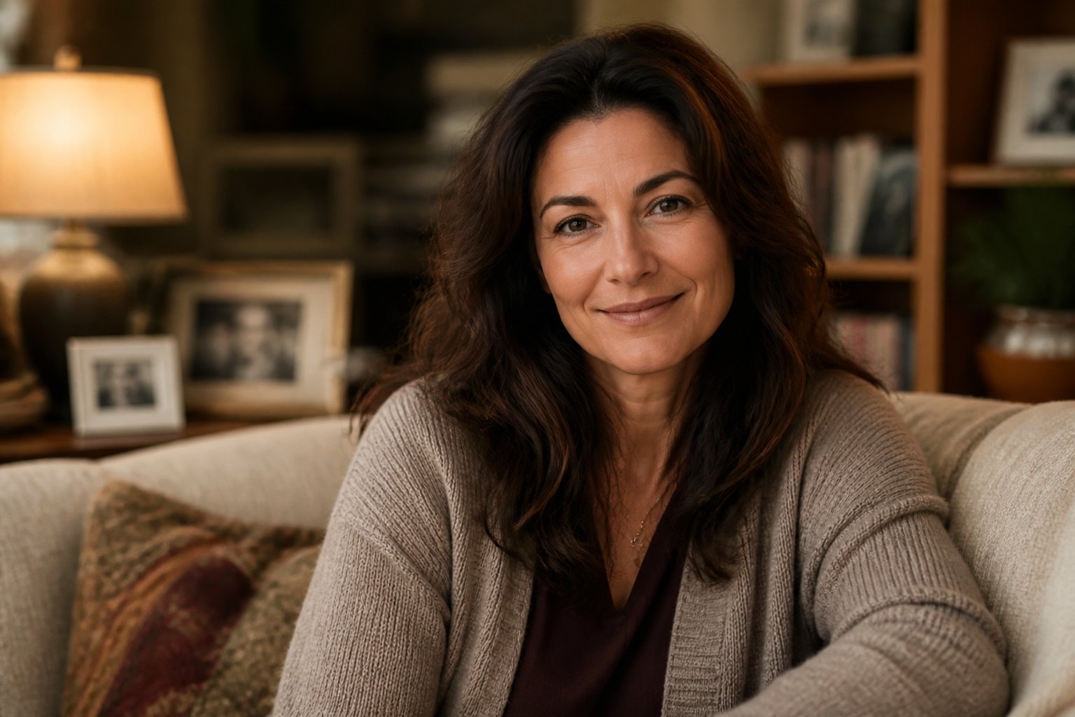 A caring woman sitting on a sofa in a cozy living room, smiling gently with family photos and books around her.