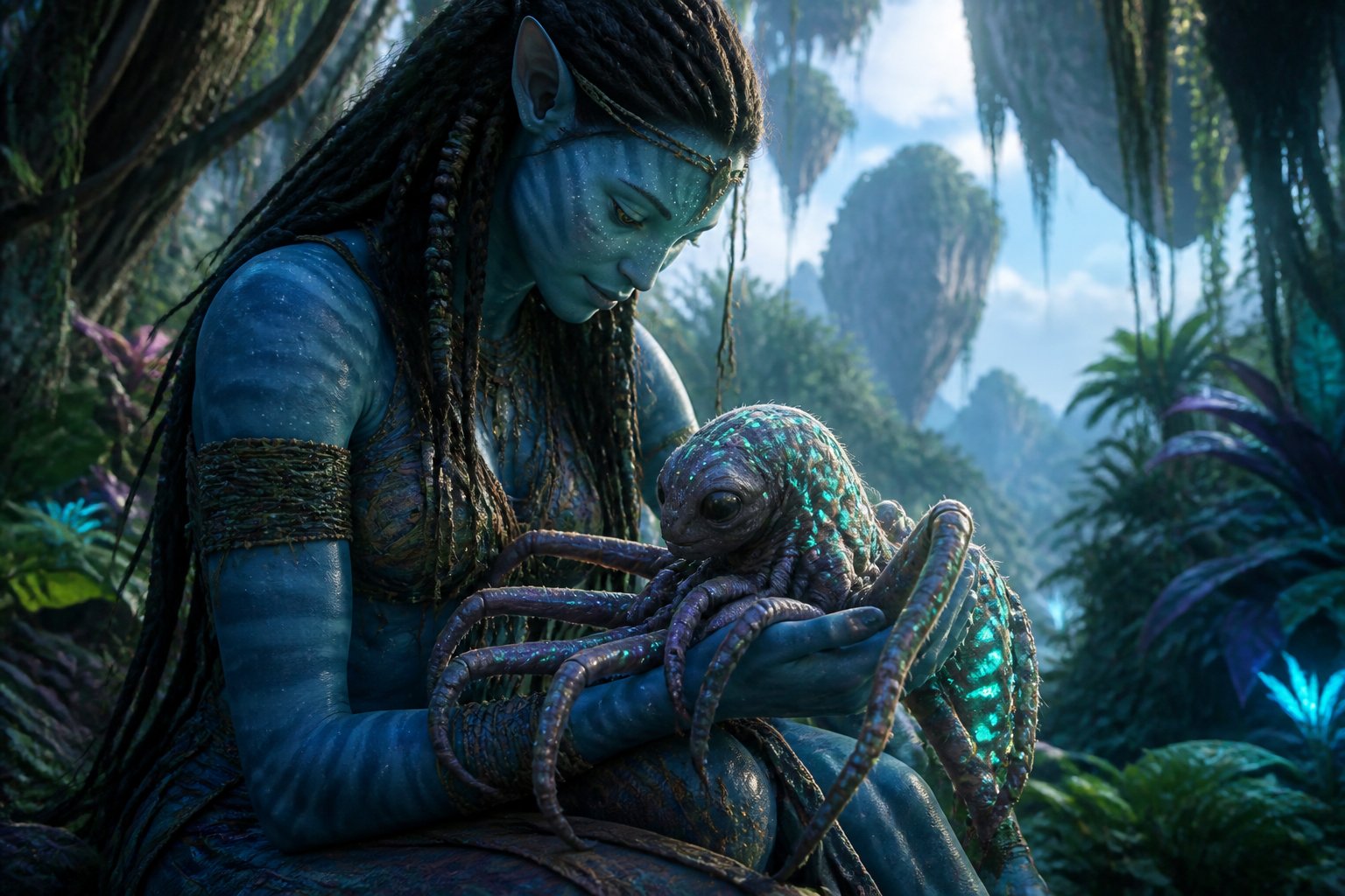 A woman gently holding a small spider-like creature in a glowing alien jungle with tall trees and floating mountains in the background.