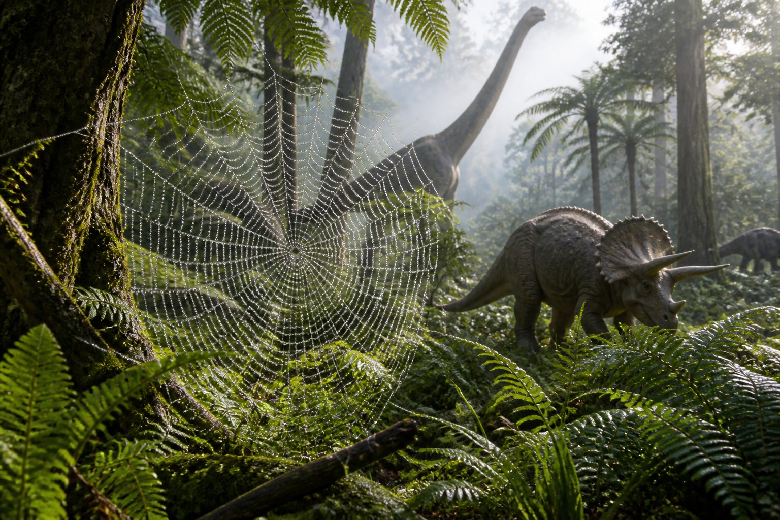 A prehistoric jungle with a large spider web in the foreground and dinosaurs walking among trees and ferns in the background.