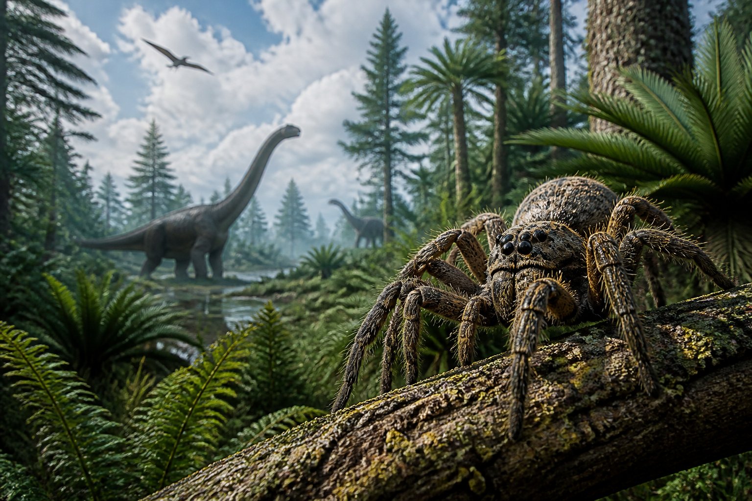 A large spider on a tree branch in a dense prehistoric forest with dinosaurs visible in the background.