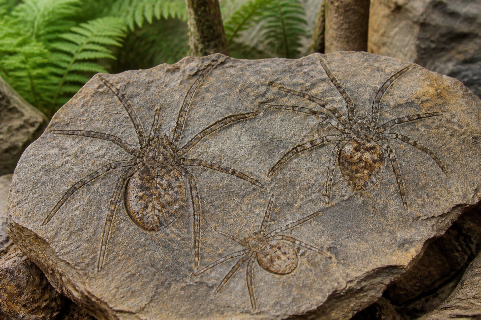 Close-up view of spider fossils embedded in rock with prehistoric plants blurred in the background.