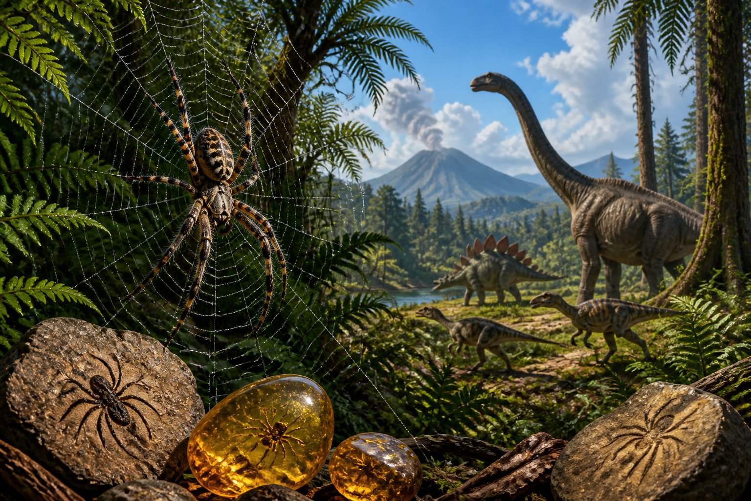 A large spider on its web in a prehistoric forest with dinosaurs in the background and fossilized spider imprints in rocks nearby.