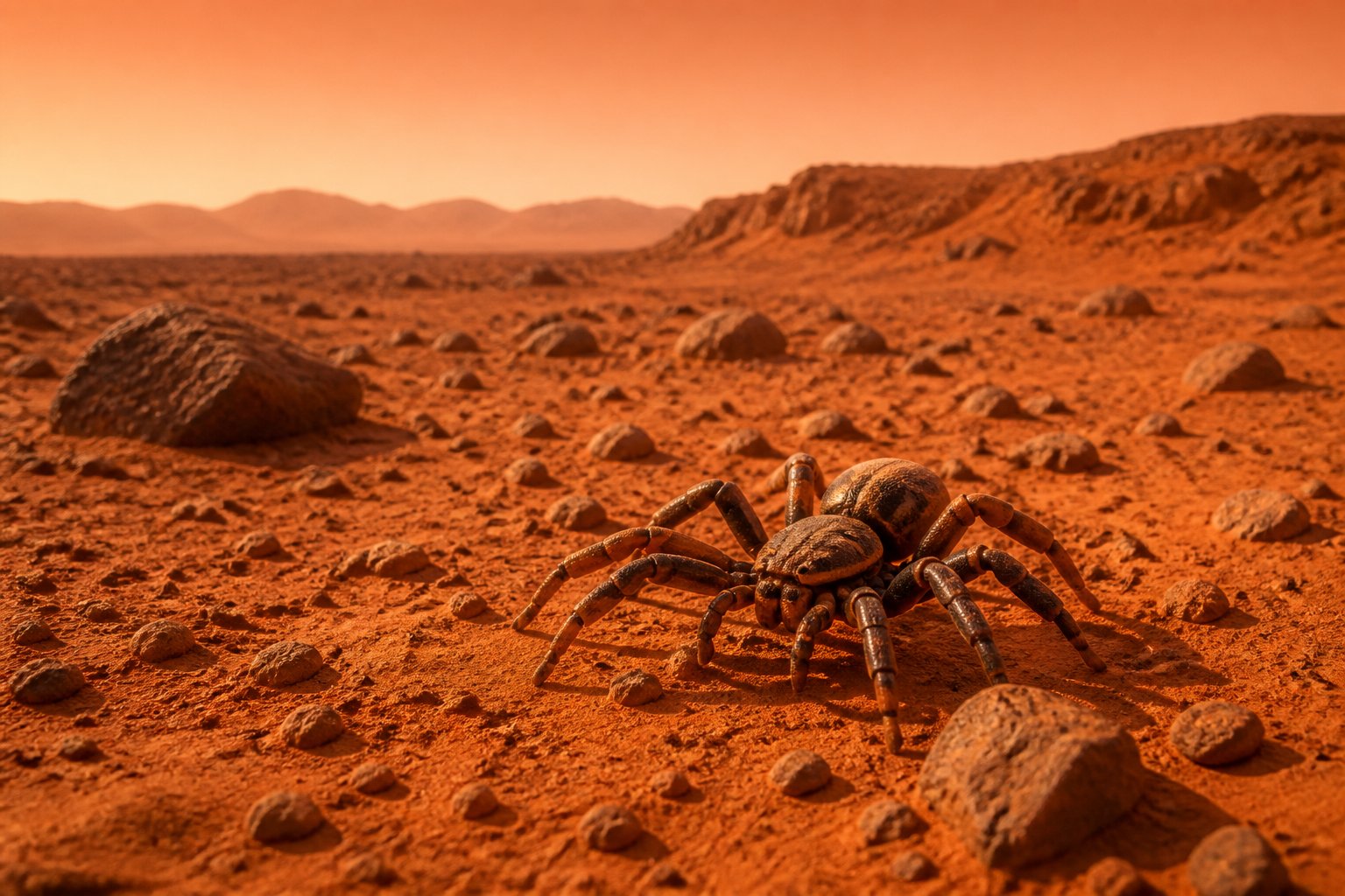 A realistic model of a spider placed on the rocky, reddish surface of Mars with hills in the background.