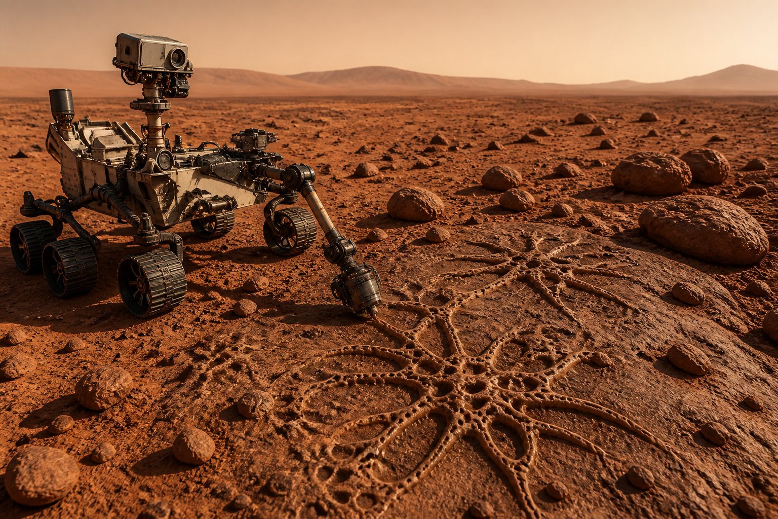 A robotic rover on the rocky surface of Mars examining spider-shaped patterns etched into the ground with hills in the background.