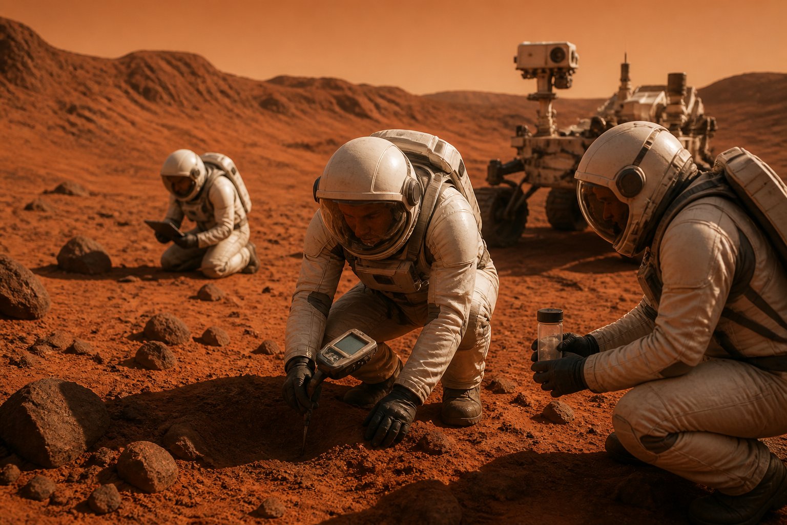 Scientists in space suits examining rocky terrain on Mars with a rover nearby under an orange sky.