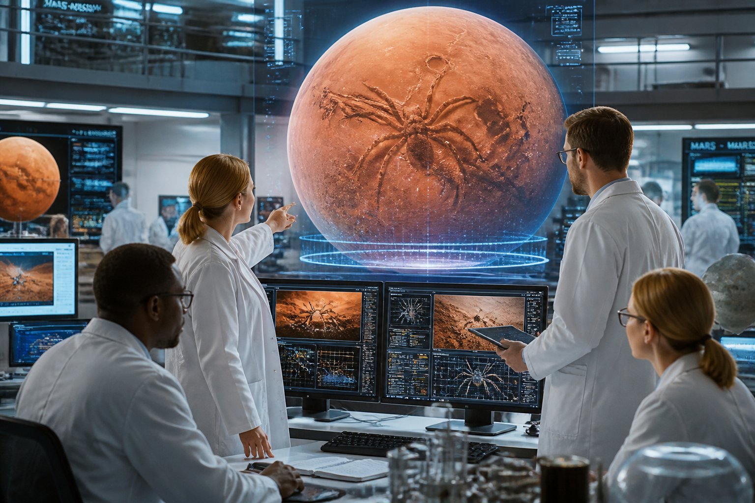 Scientists in a research lab studying digital images and holograms of Mars, with scientific equipment around them.