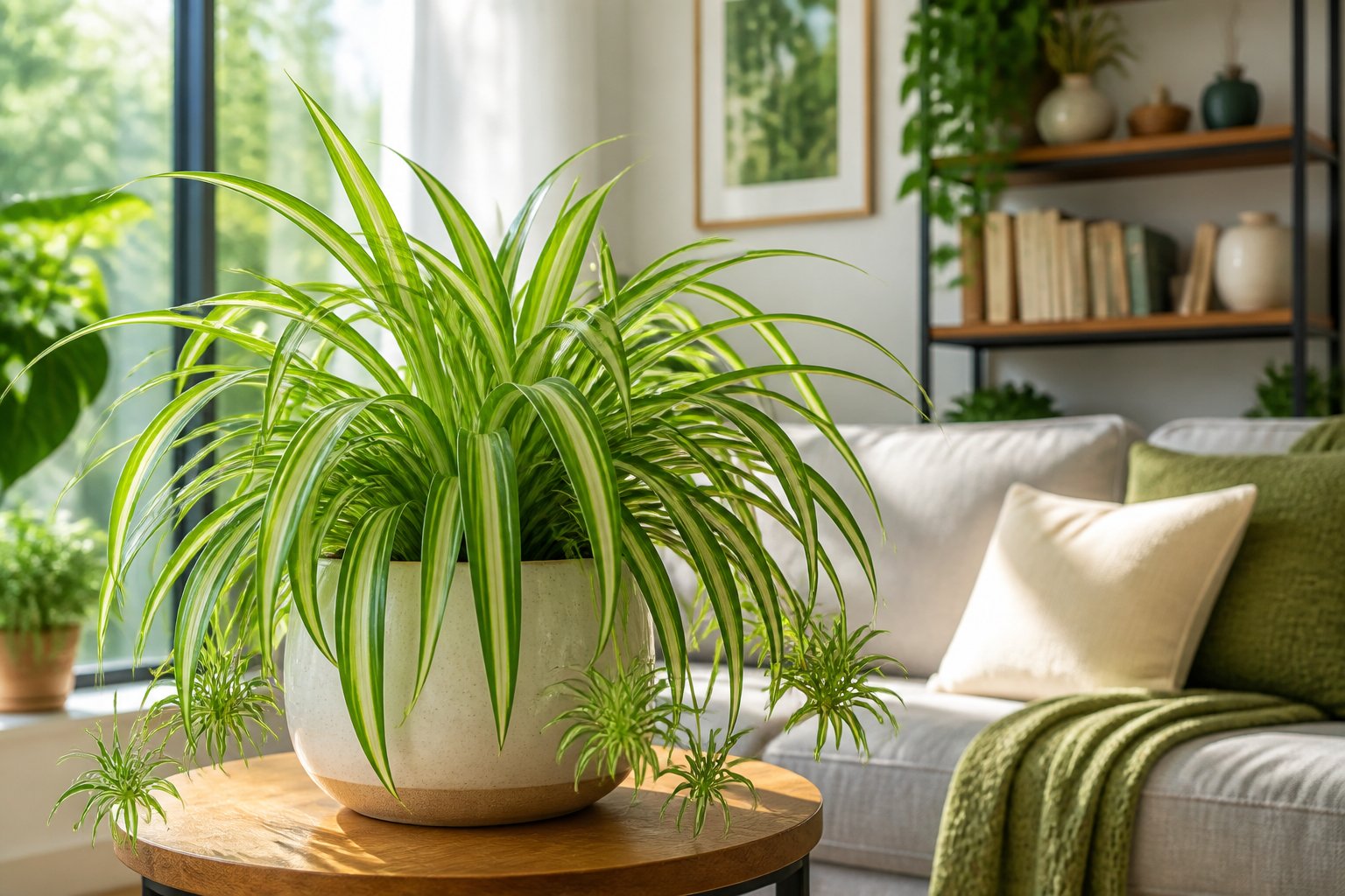 A spider plant in a ceramic pot on a wooden table near a sunlit window in a cozy living room with a sofa and bookshelf.