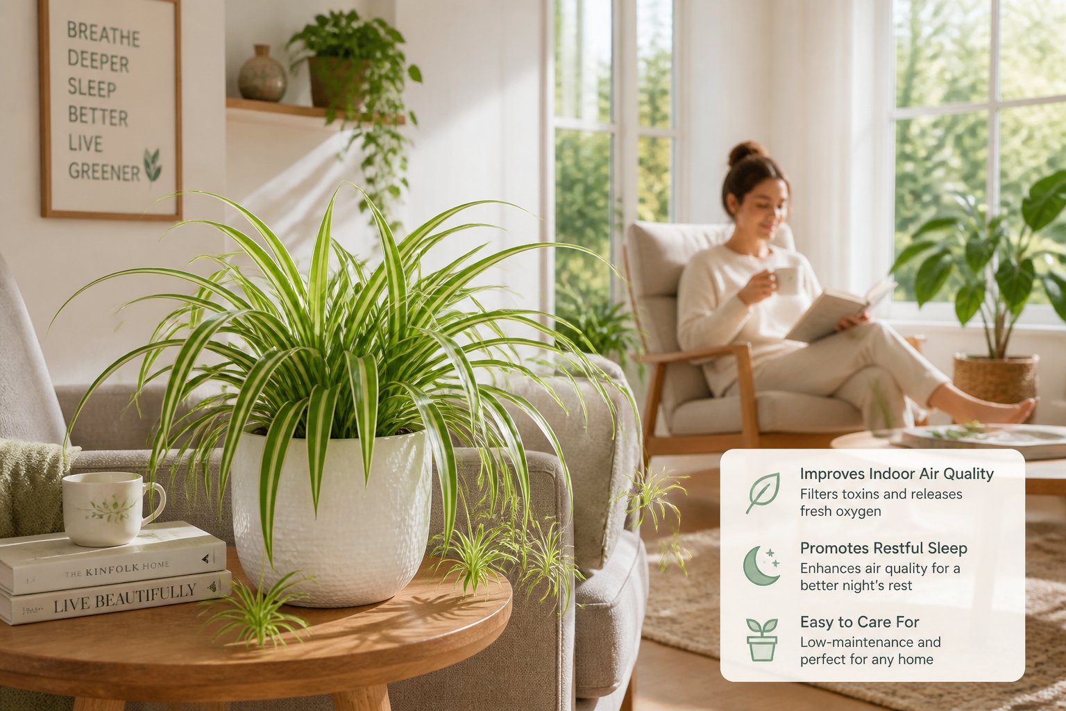 A cozy living room with a green spider plant on a wooden table near a person relaxing by a window.