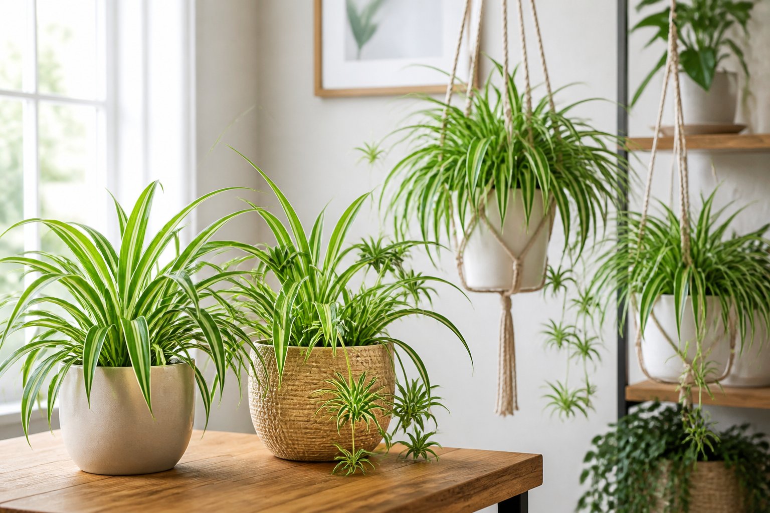 Several healthy spider plants with green and white leaves displayed in pots on a wooden table near a window in a bright indoor room.
