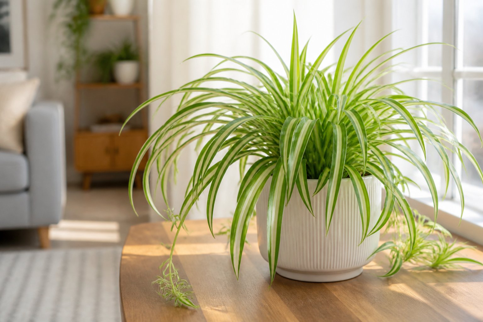 A healthy spider plant in a ceramic pot on a wooden table near a sunlit window inside a modern room.