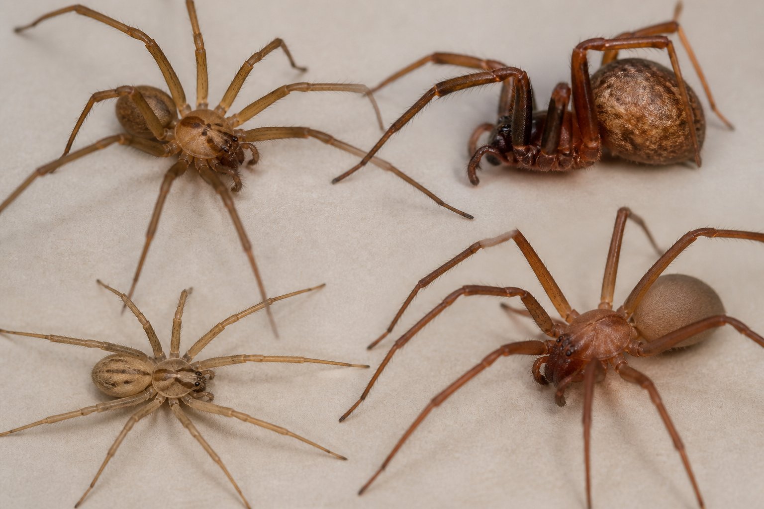 Close-up view of several spiders known to cause tissue necrosis on a neutral background.
