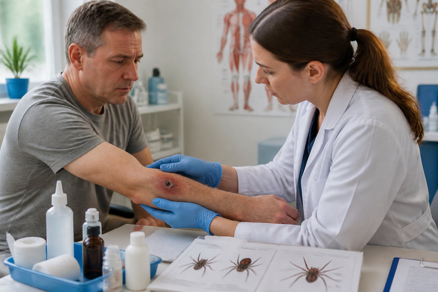 A healthcare professional examining a patient's forearm with a suspicious bite in a medical office.