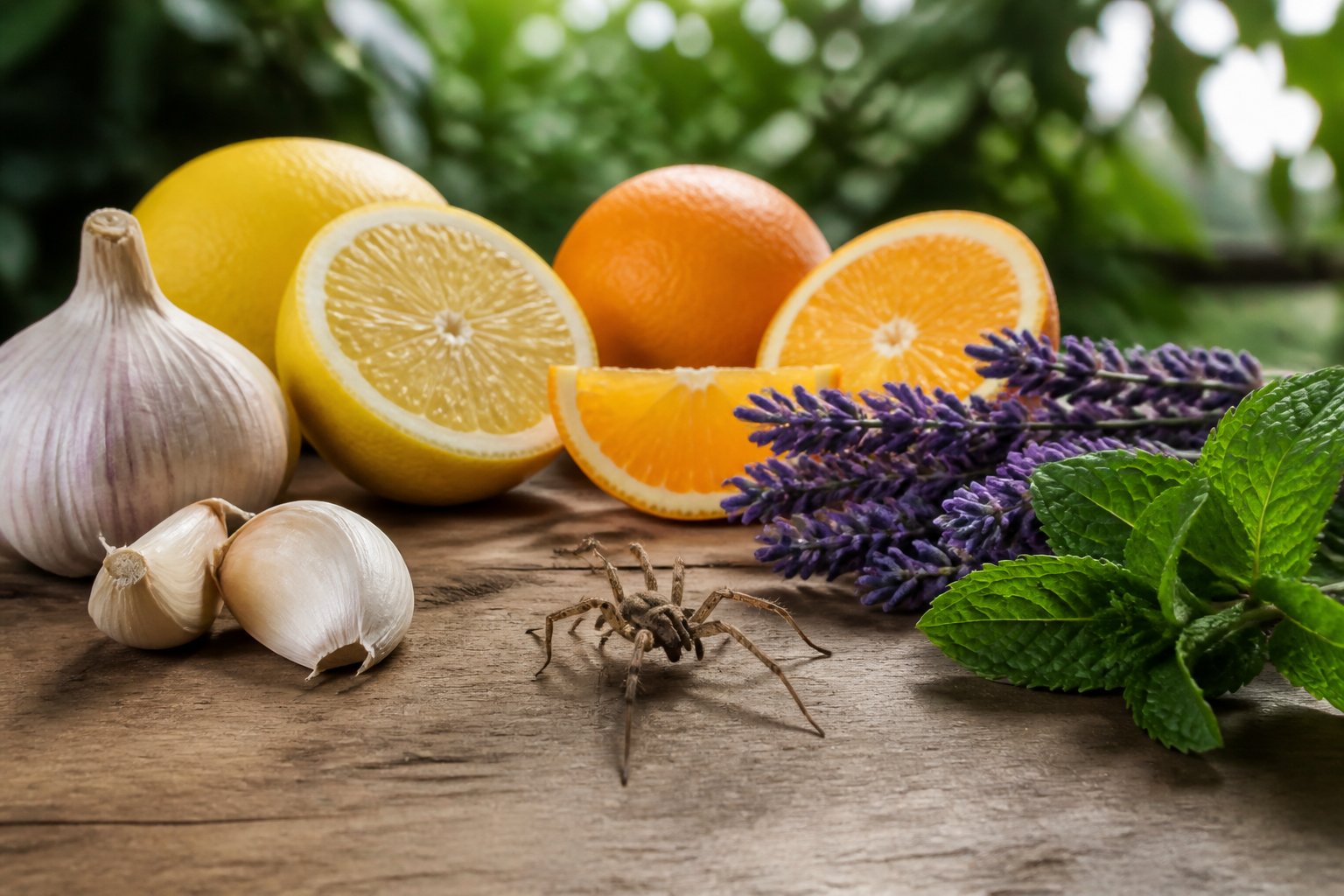 A close-up of a spider near garlic cloves, citrus fruits, lavender, and peppermint leaves on a wooden surface.