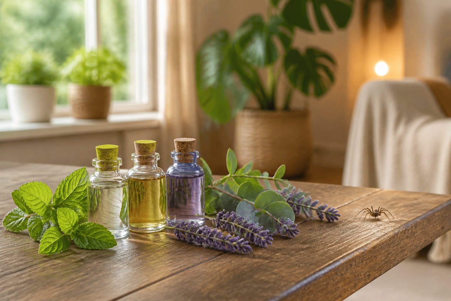 A cozy home interior with essential oils and fresh plants on a wooden table, a small spider near the edge avoiding the scented area.