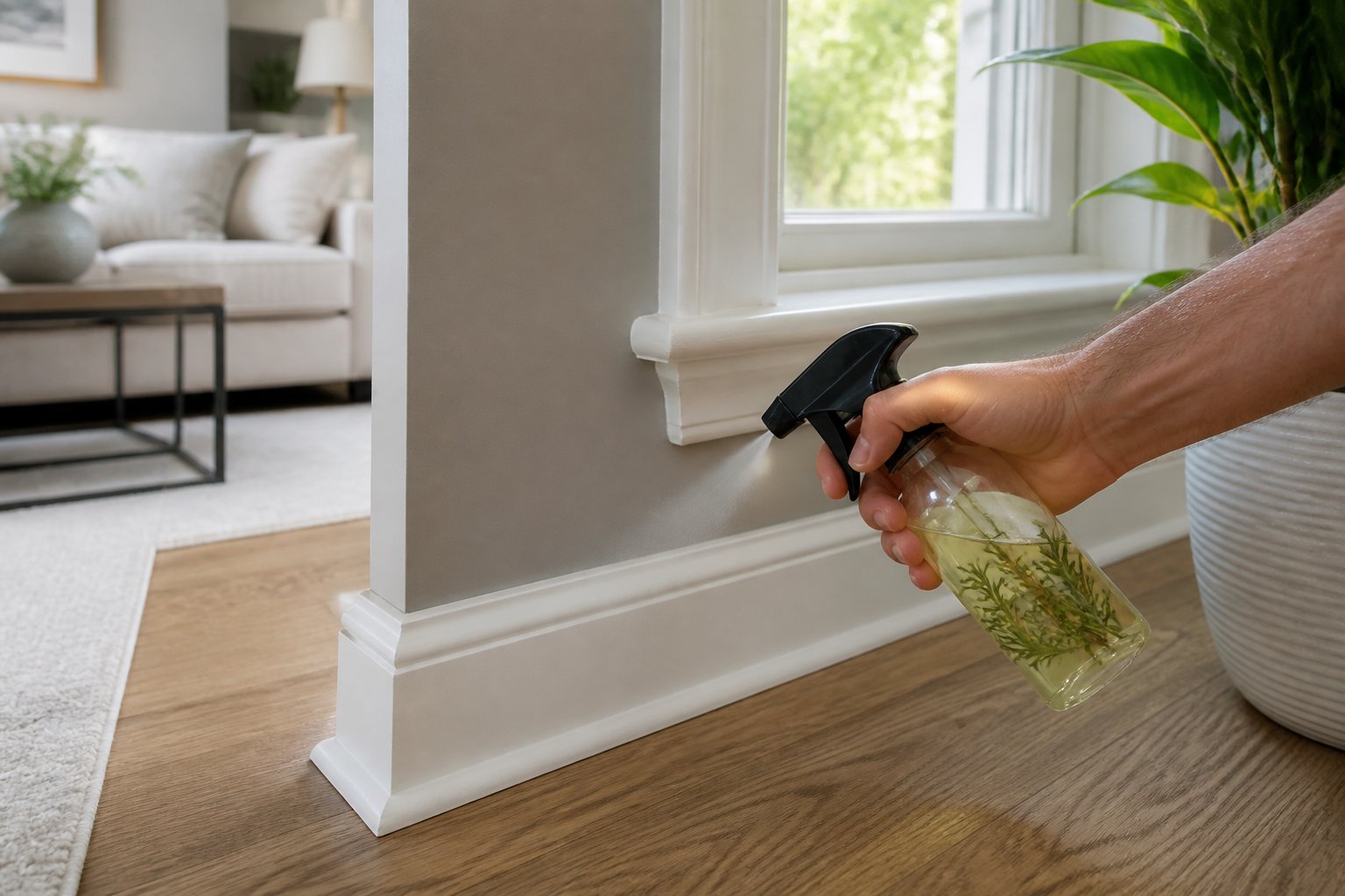 A person spraying natural repellent along baseboards inside a clean living room.