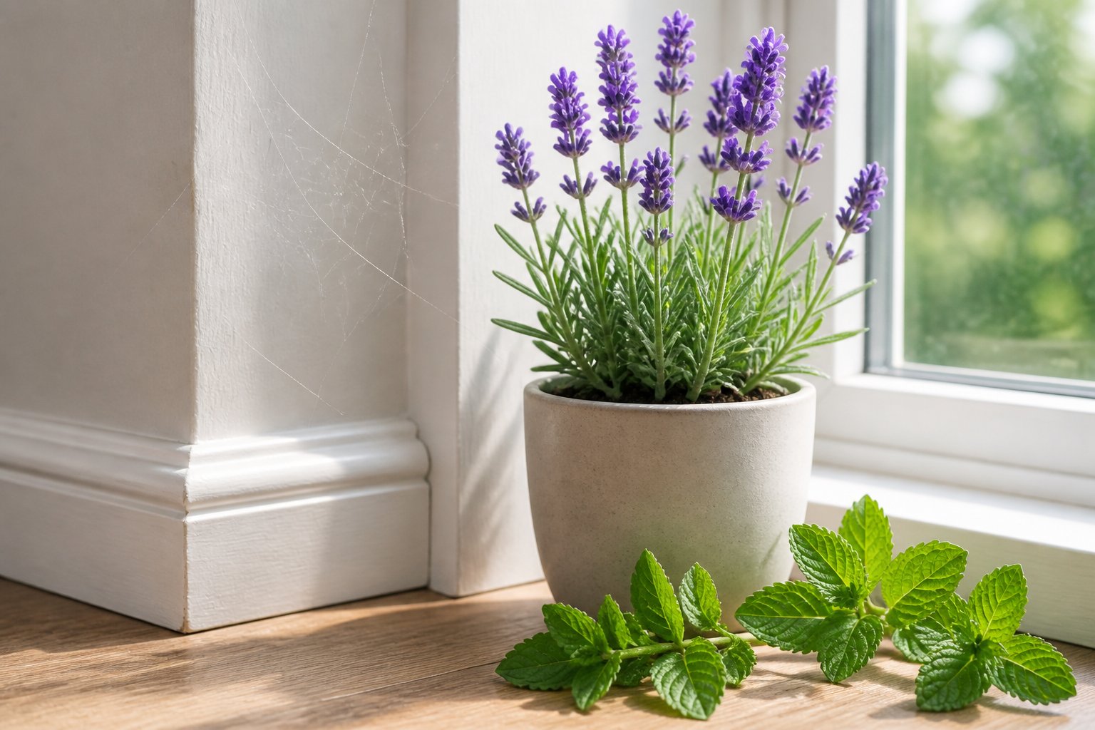 Indoor corner of a home with potted lavender and peppermint plants near a window, sunlight streaming in, and a faint spider web in the background.