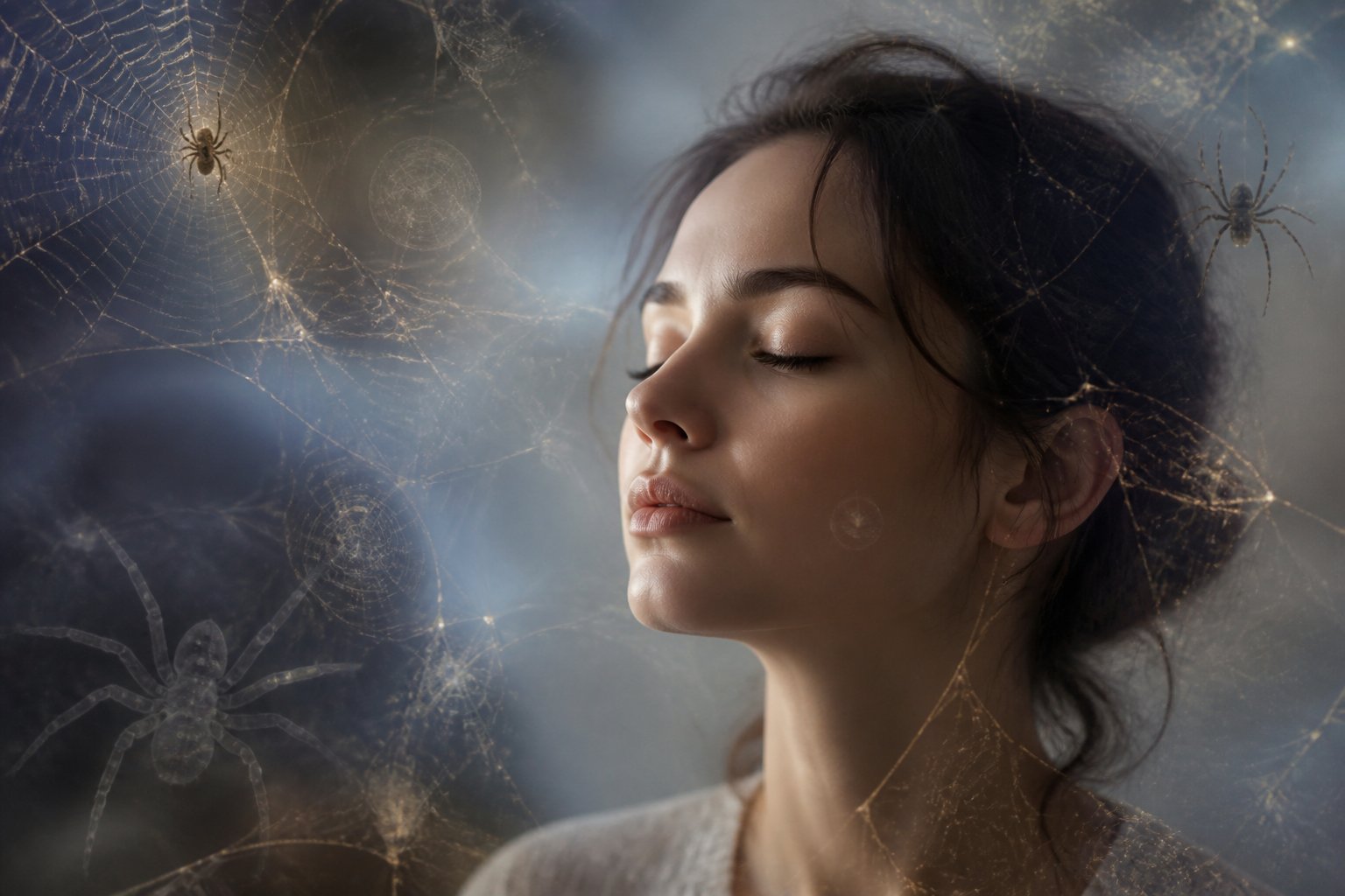 A person with closed eyes surrounded by faint images of spiders and webs, evoking a dreamlike and reflective atmosphere.