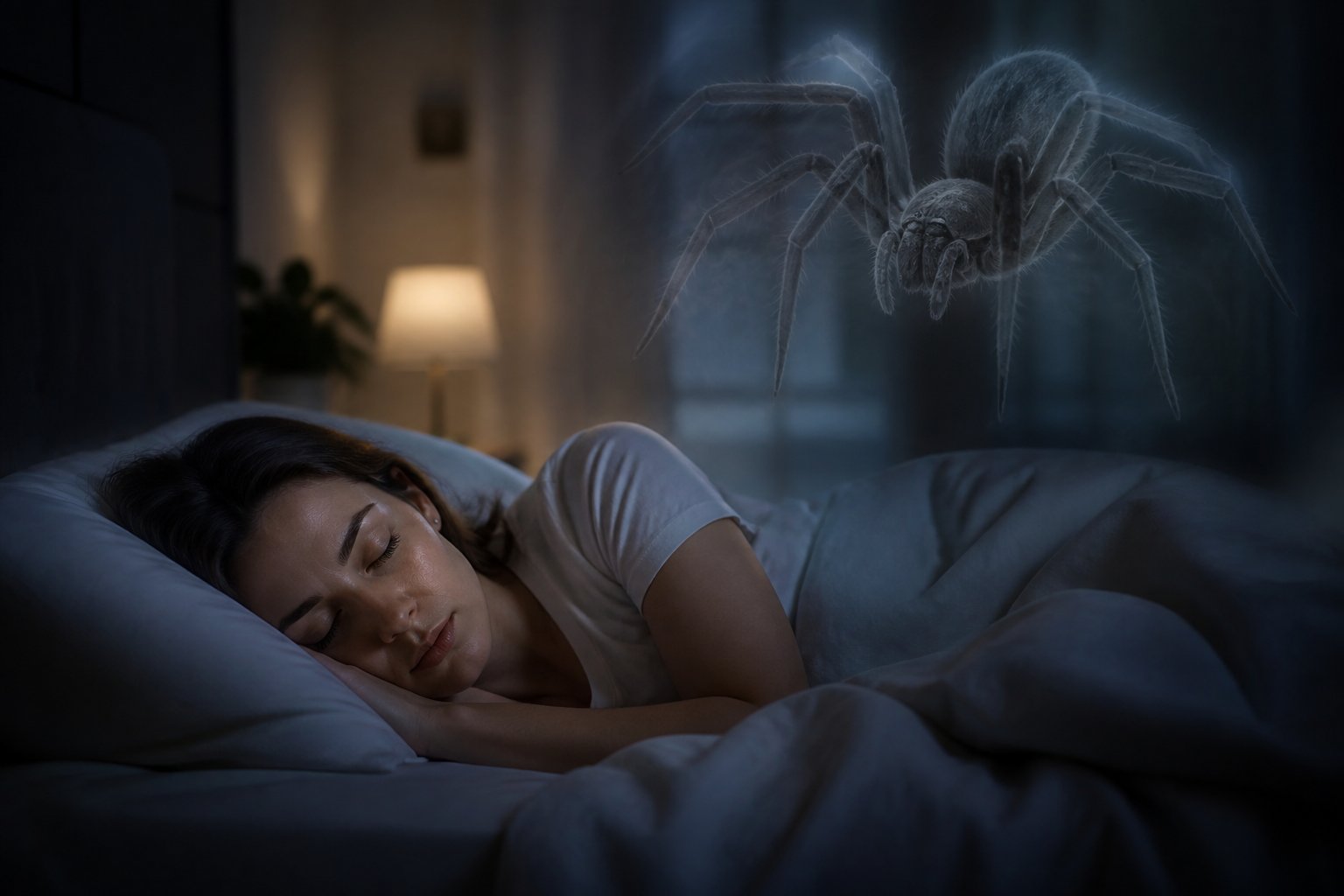 A person sleeping in a dimly lit bedroom with a translucent spider hovering nearby, symbolizing a dream.