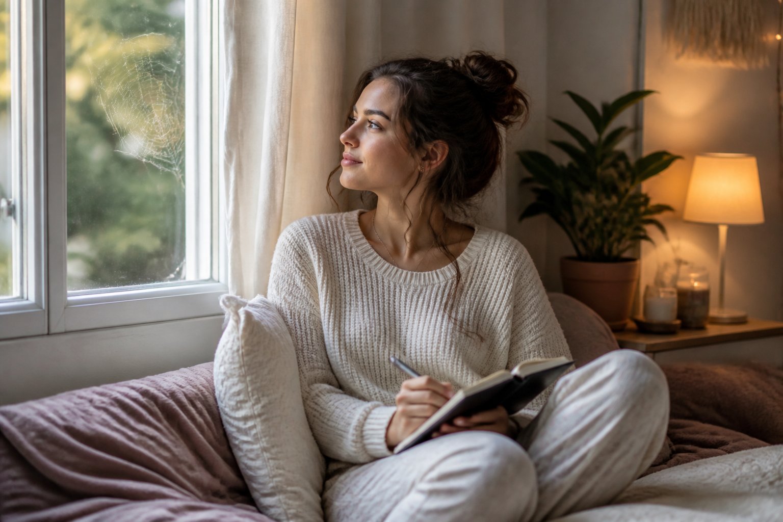 A young woman sitting in a cozy room, looking thoughtfully out of a window with a spider web visible in the corner.