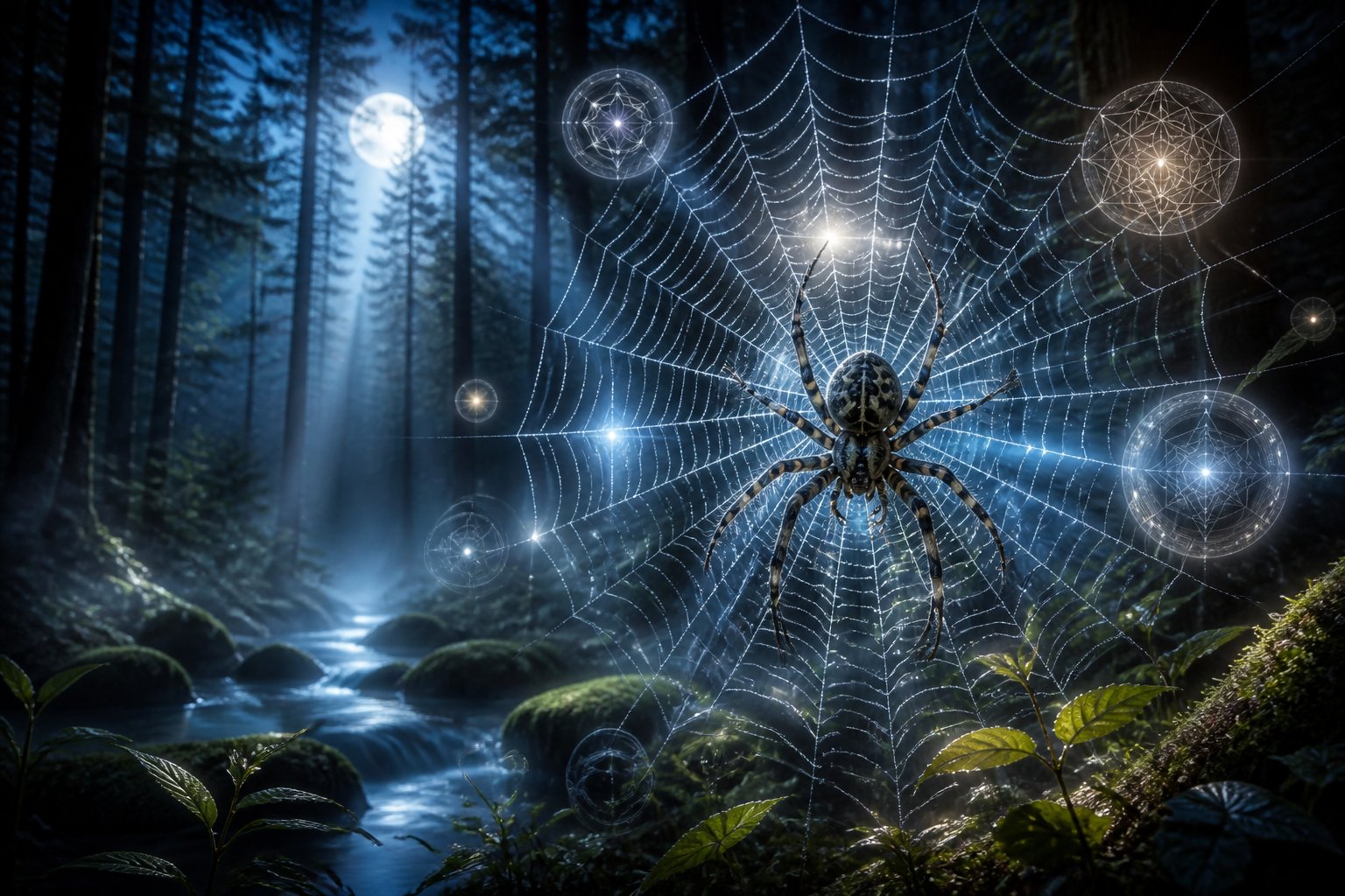 A large spider weaving a web in a misty forest at night with moonlight filtering through the trees.