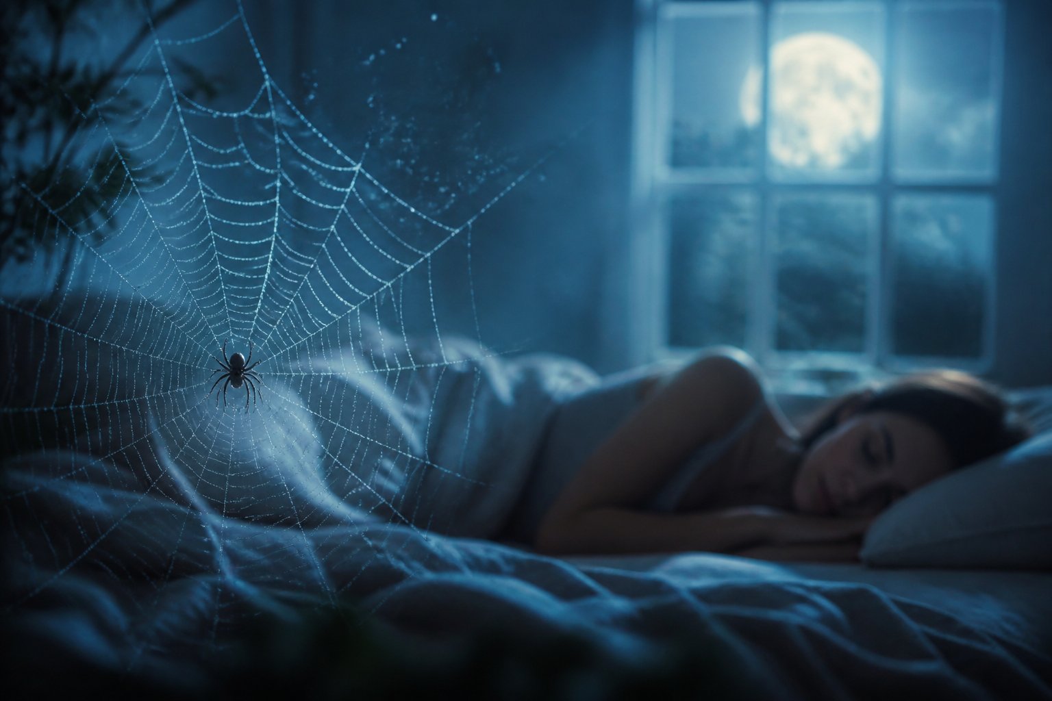 A peaceful bedroom at night with a glowing spider web in the foreground and a person sleeping in the background.