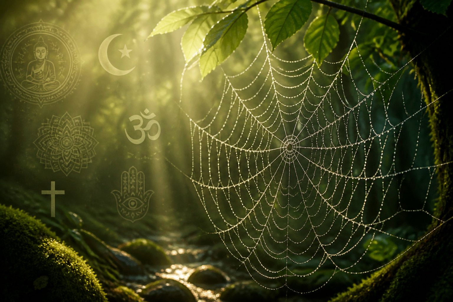 Close-up of a spider web with dew drops in a peaceful forest clearing, surrounded by soft light and subtle spiritual symbols.