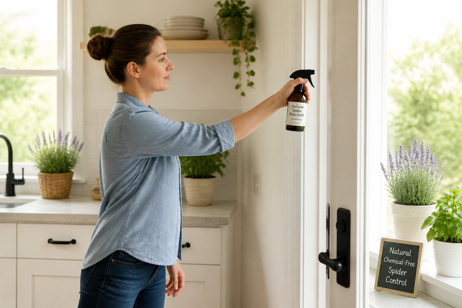 A person spraying natural repellent near plants in a bright kitchen to keep spiders away.