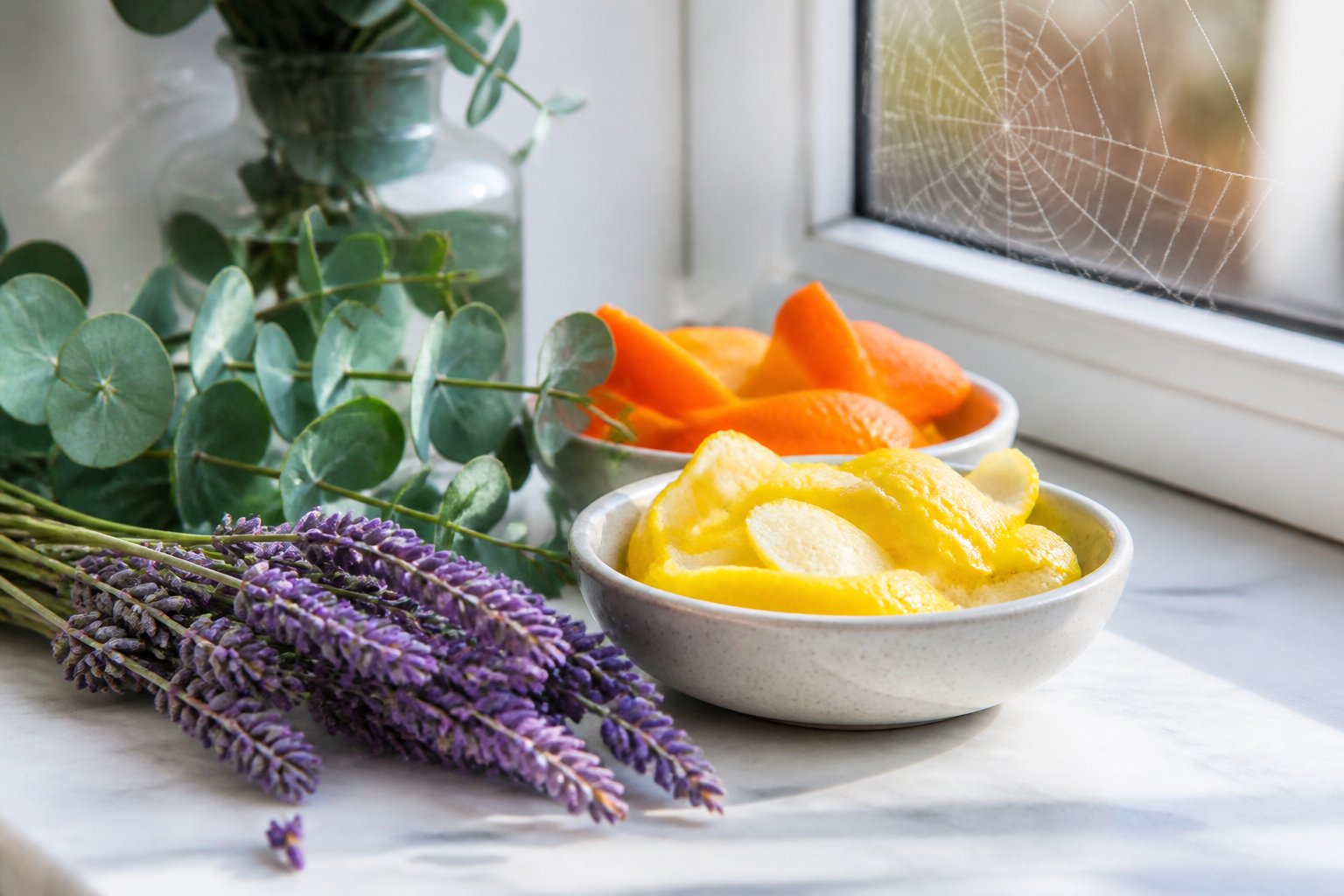 A windowsill with fresh lavender, eucalyptus leaves, and citrus peels arranged to naturally deter spiders.