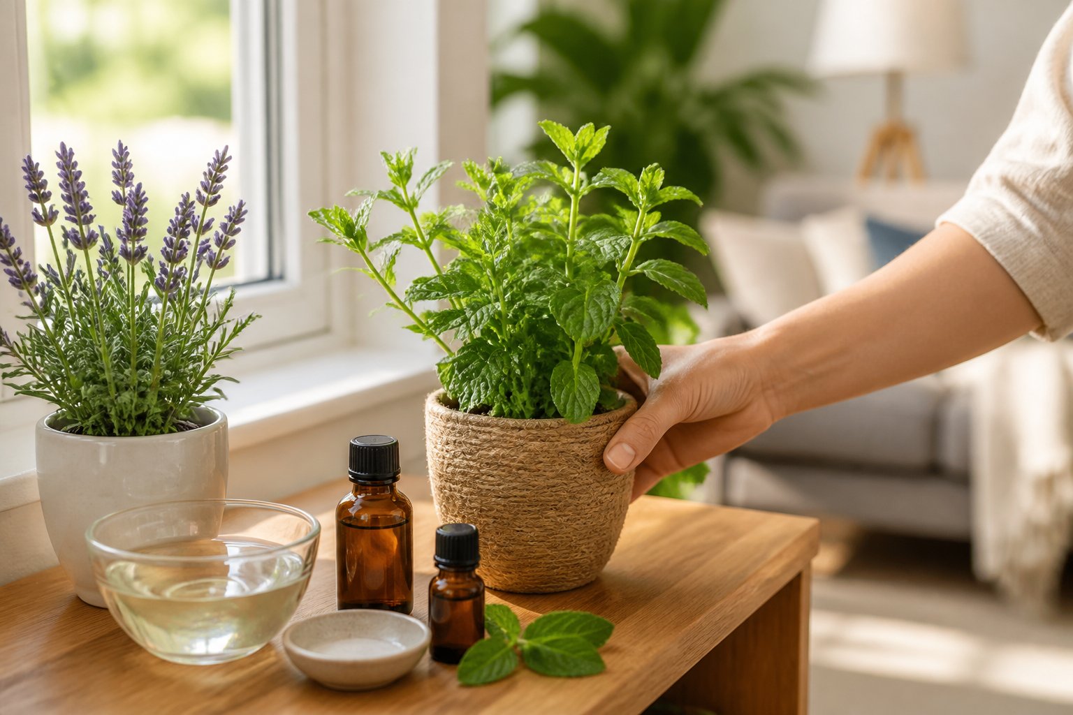 A bright living room corner with natural sunlight, showing natural spider repellents like essential oils, vinegar, and fresh herbs arranged on a wooden shelf.