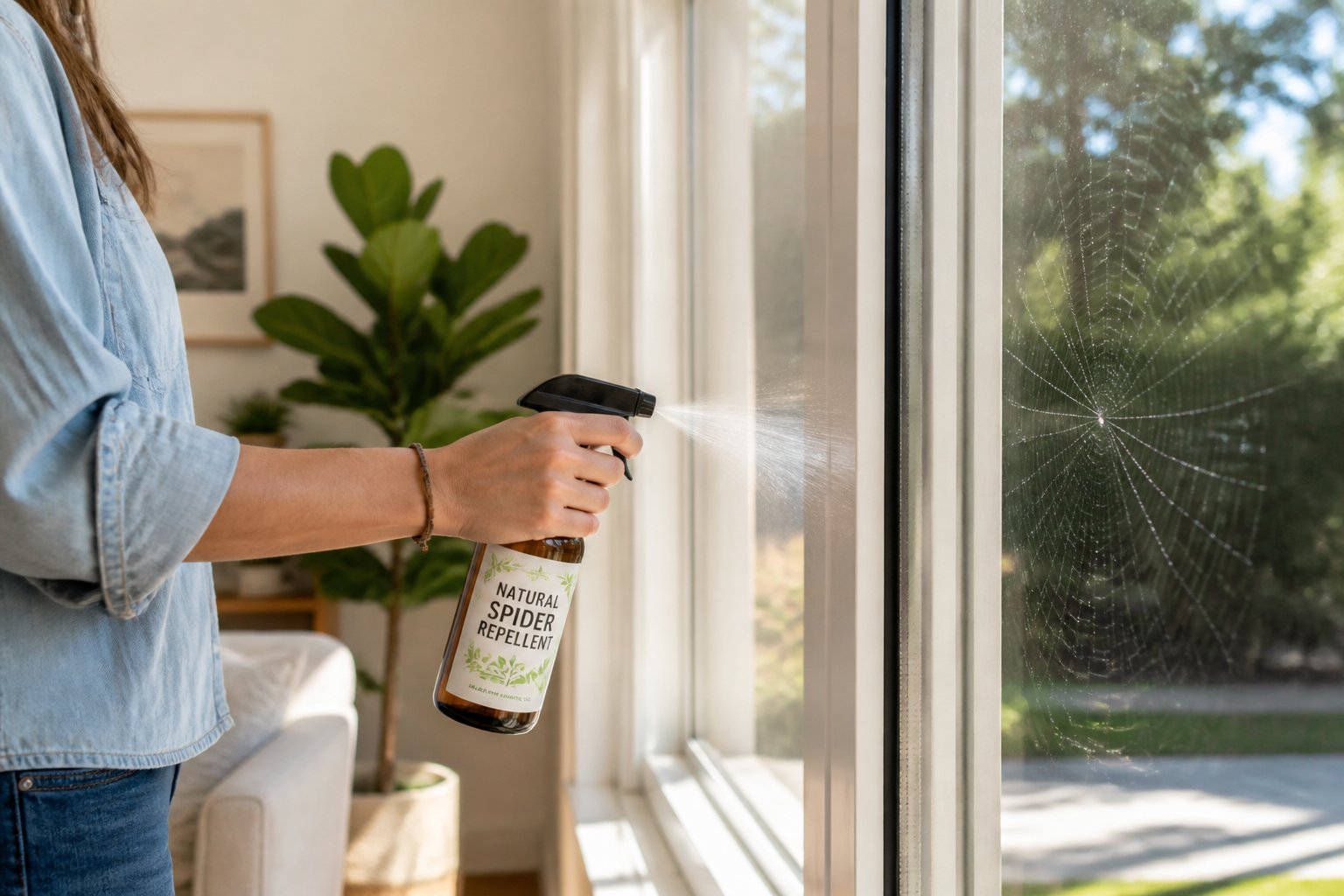 Person spraying natural repellent near a window in a clean home to keep spiders away.