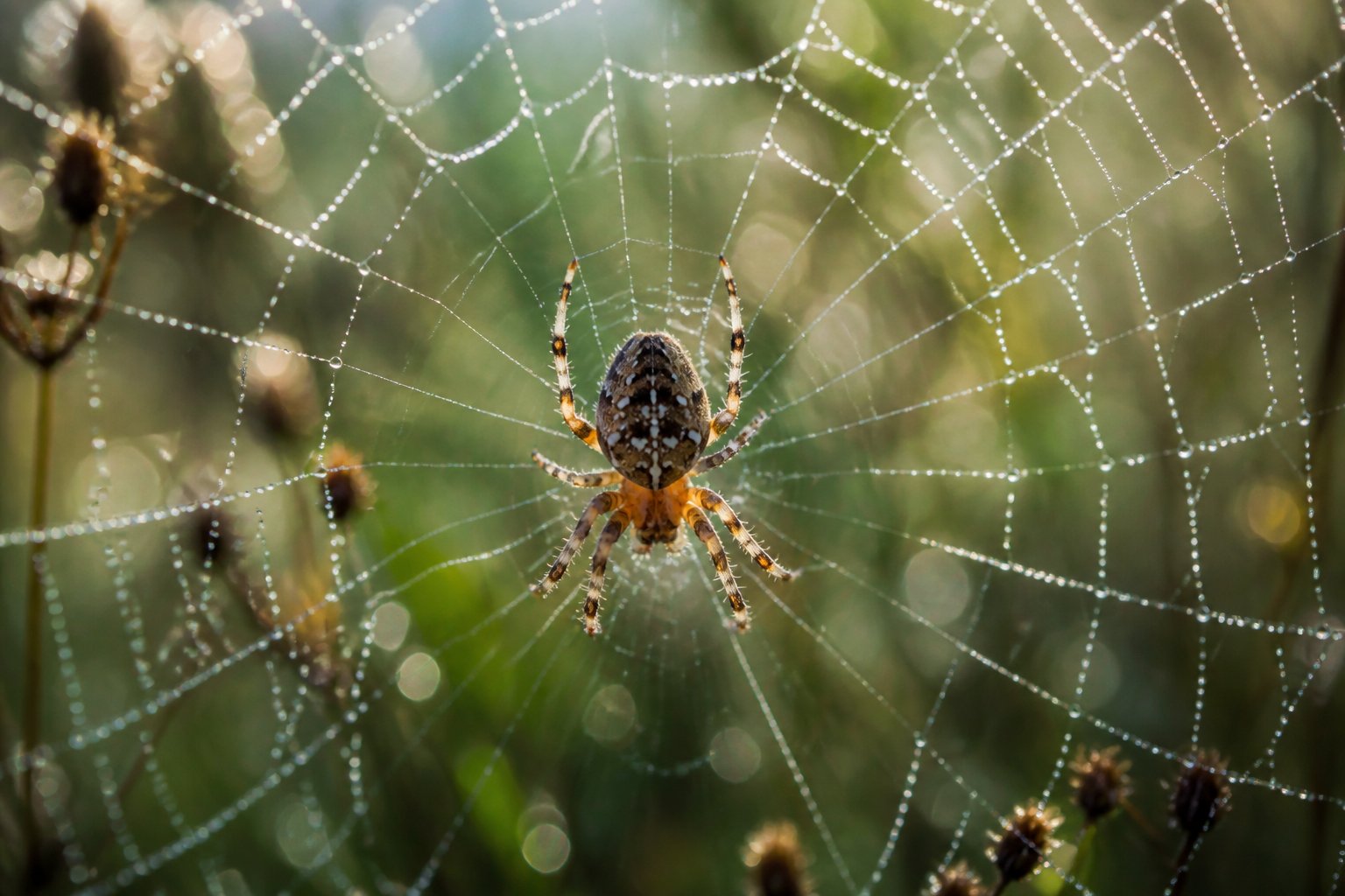 Close-up of a spider sitting on its detailed web with morning dew in a natural setting.