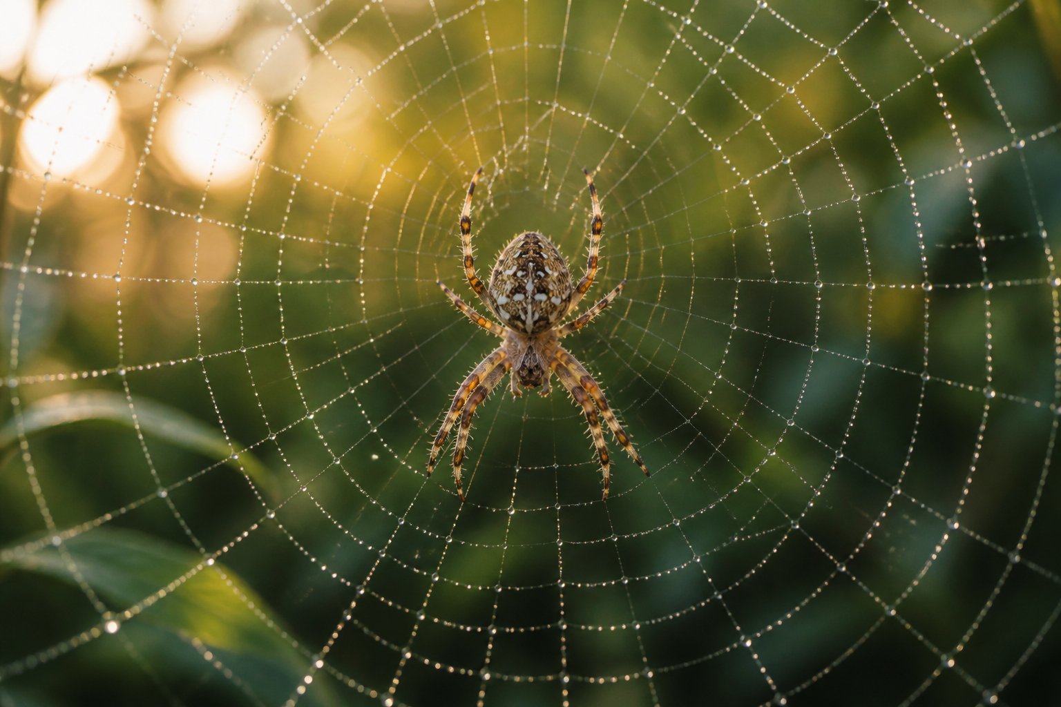 Close-up of a spider weaving a dew-covered web in a natural outdoor setting with green foliage in the background.