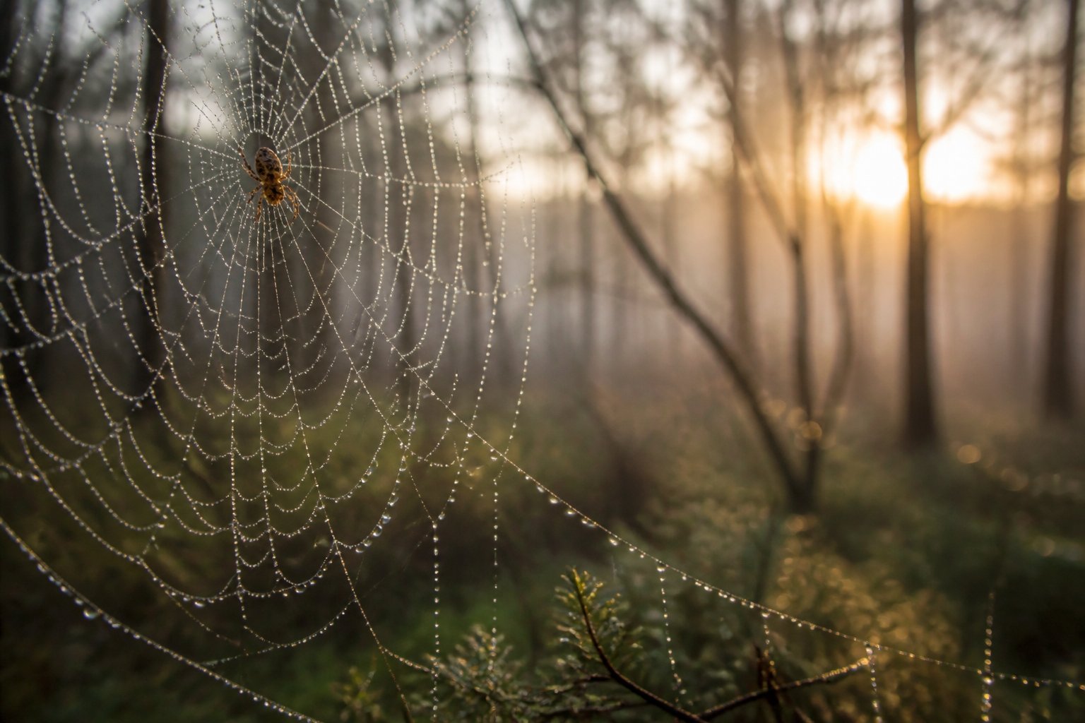 Close-up of a spider resting on a dew-covered spider web in a misty forest at dawn.
