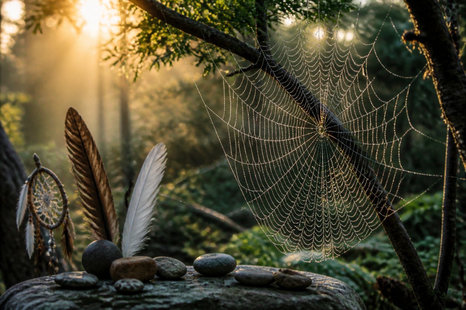 Close-up of a spider web covered in dew hanging between tree branches in a forest with soft sunlight filtering through.