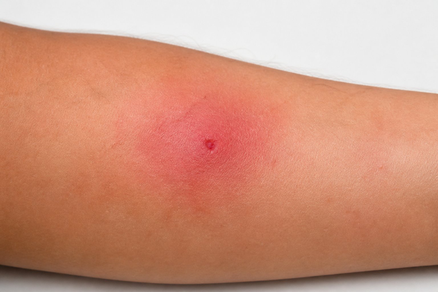 Close-up of human skin showing a red, swollen spider bite with surrounding redness and inflammation.